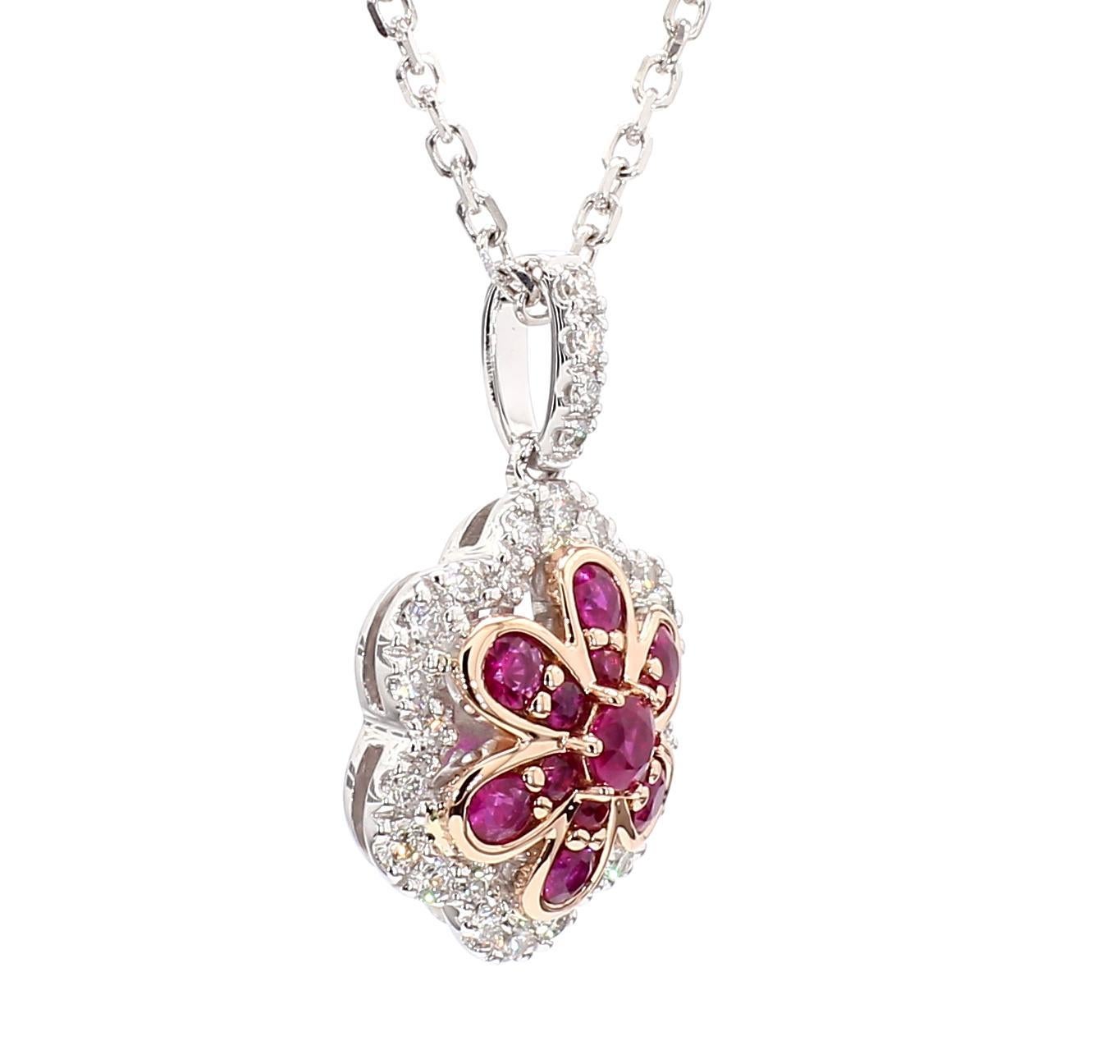 Colgante de gota de oro de 77 quilates TW de rubí rojo redondo natural y diamante blanco Corte redondo en venta