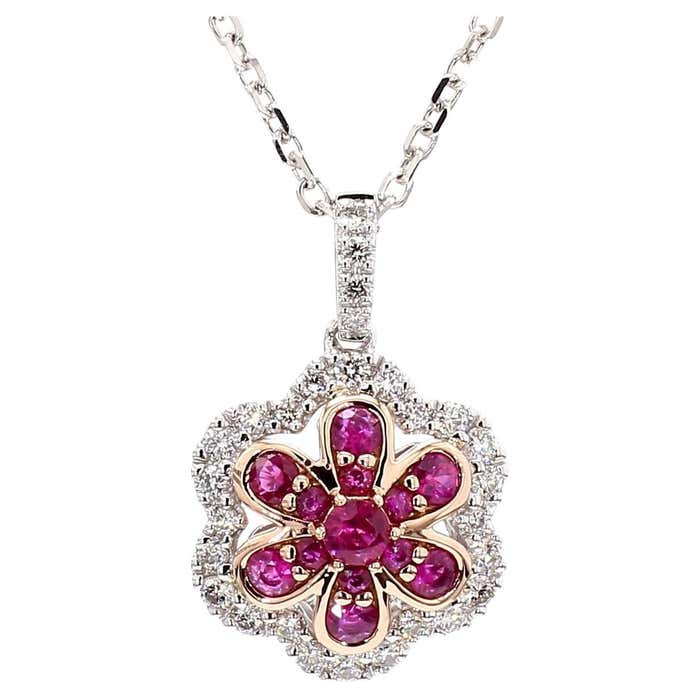 Natural Round Red Ruby and White Diamond .77 Carat TW Gold Drop Pendant ...