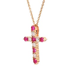 Natural Round Red Ruby and White Diamond .83 Carat TW Rose Gold Cross Pendant