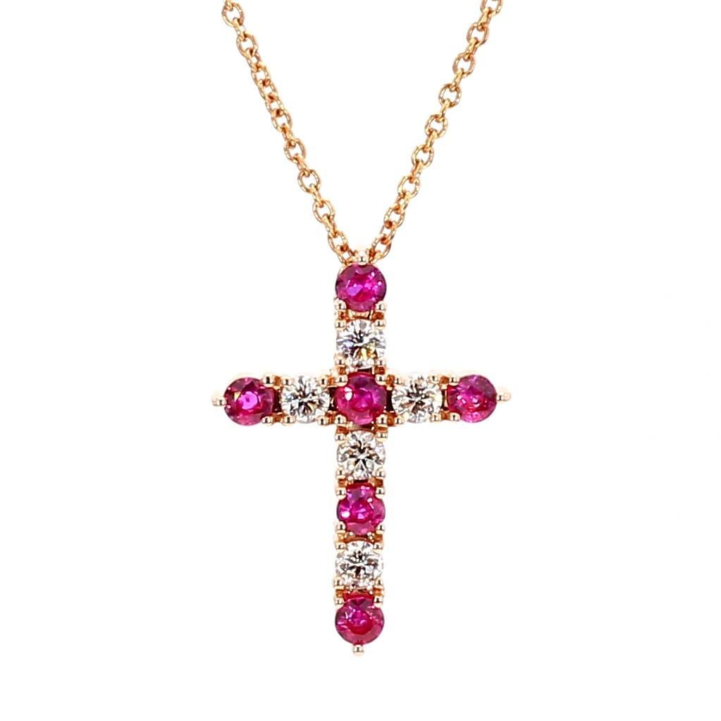 Contemporary Natural Round Red Ruby and White Diamond .83 Carat TW Rose Gold Cross Pendant For Sale