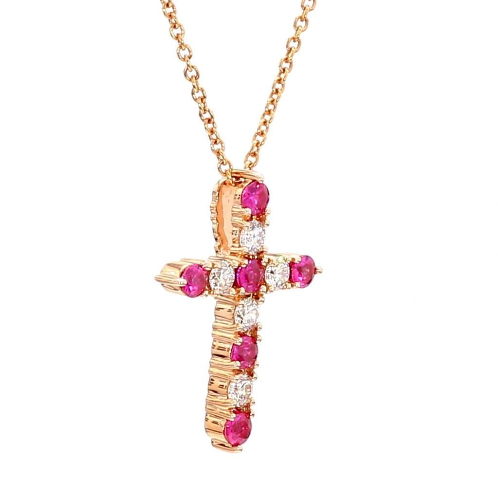 Round Cut Natural Round Red Ruby and White Diamond .83 Carat TW Rose Gold Cross Pendant For Sale