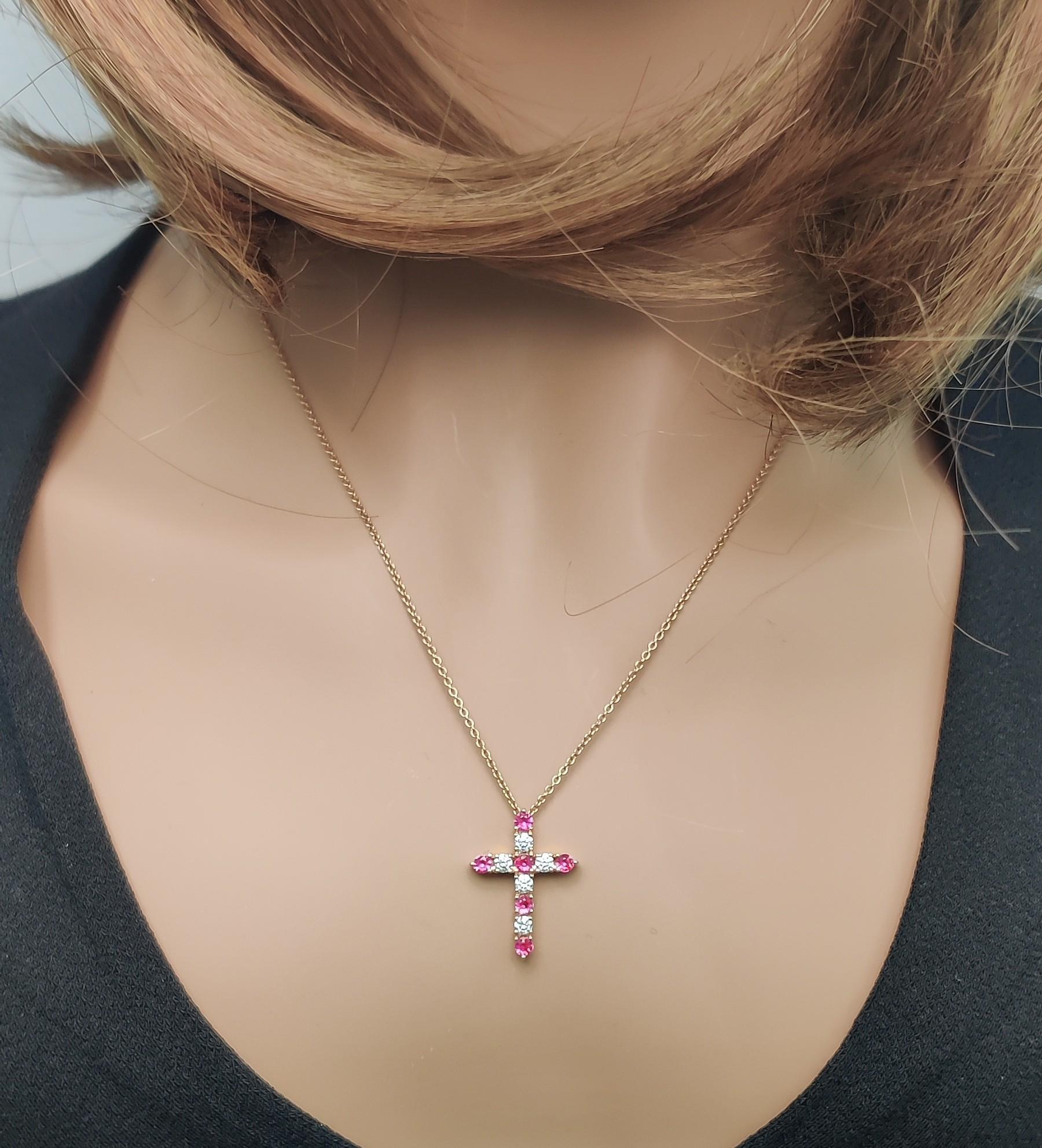 Natural Round Red Ruby and White Diamond .83 Carat TW Rose Gold Cross Pendant In New Condition For Sale In New York, NY
