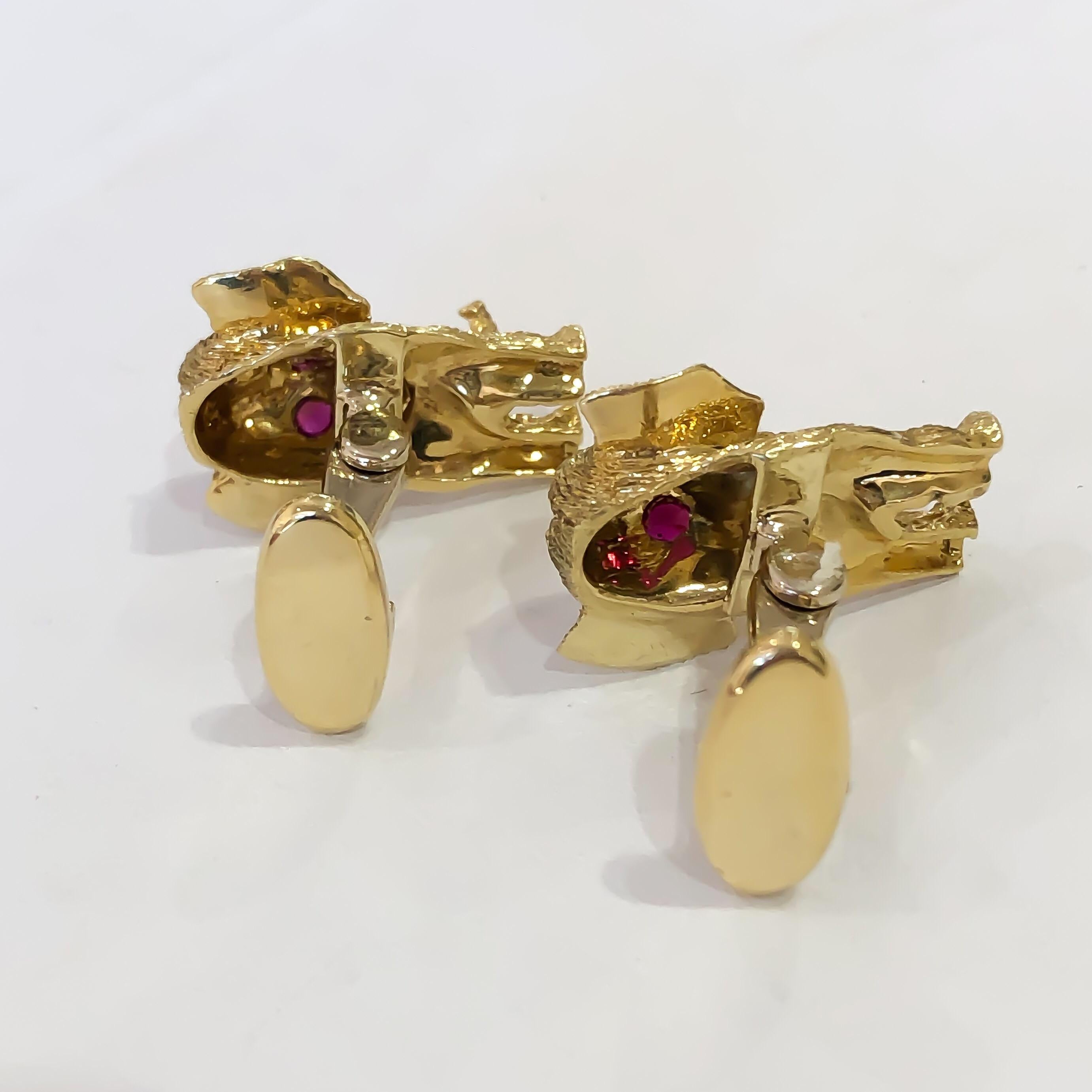 Natural Round Red Ruby Elephant Cufflinks 18 Karat Yellow Gold 1