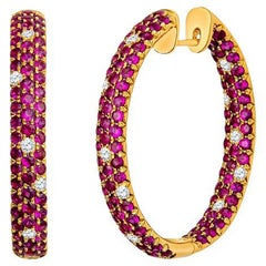 Natural Round Ruby and Diamond 18 Karat Yellow Gold Endless Hoop Earrings