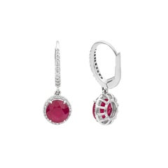 Ruby & Diamond Round Halo Drop Earrings with Secure Lever Back in 18K White Gold