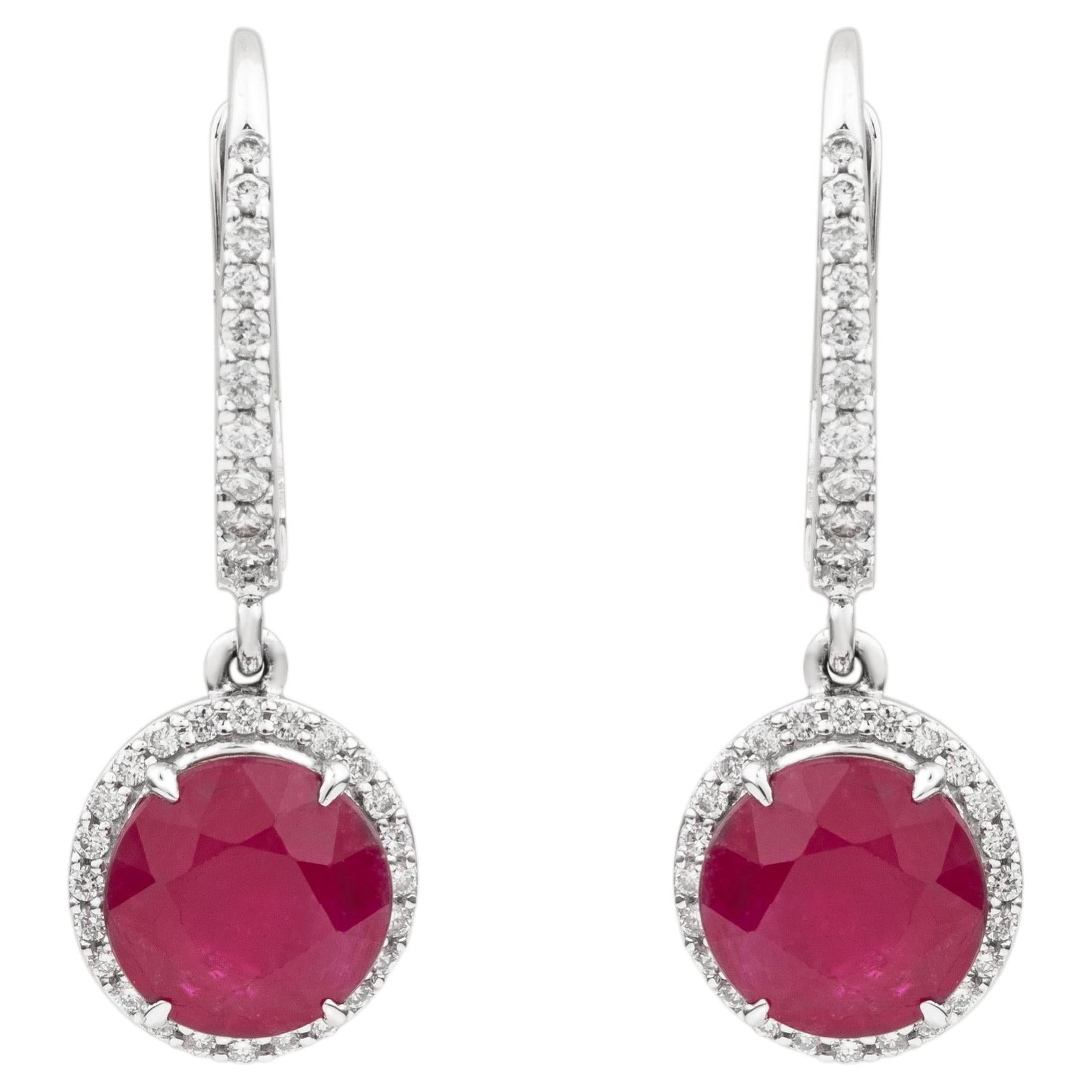 Ruby & Diamond Round Halo Drop Earrings with Secure Lever Back in 18K White Gold For Sale