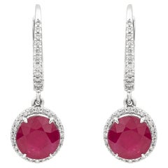 Ruby & Diamond Round Halo Drop Earrings with Secure Lever Back in 18K White Gold