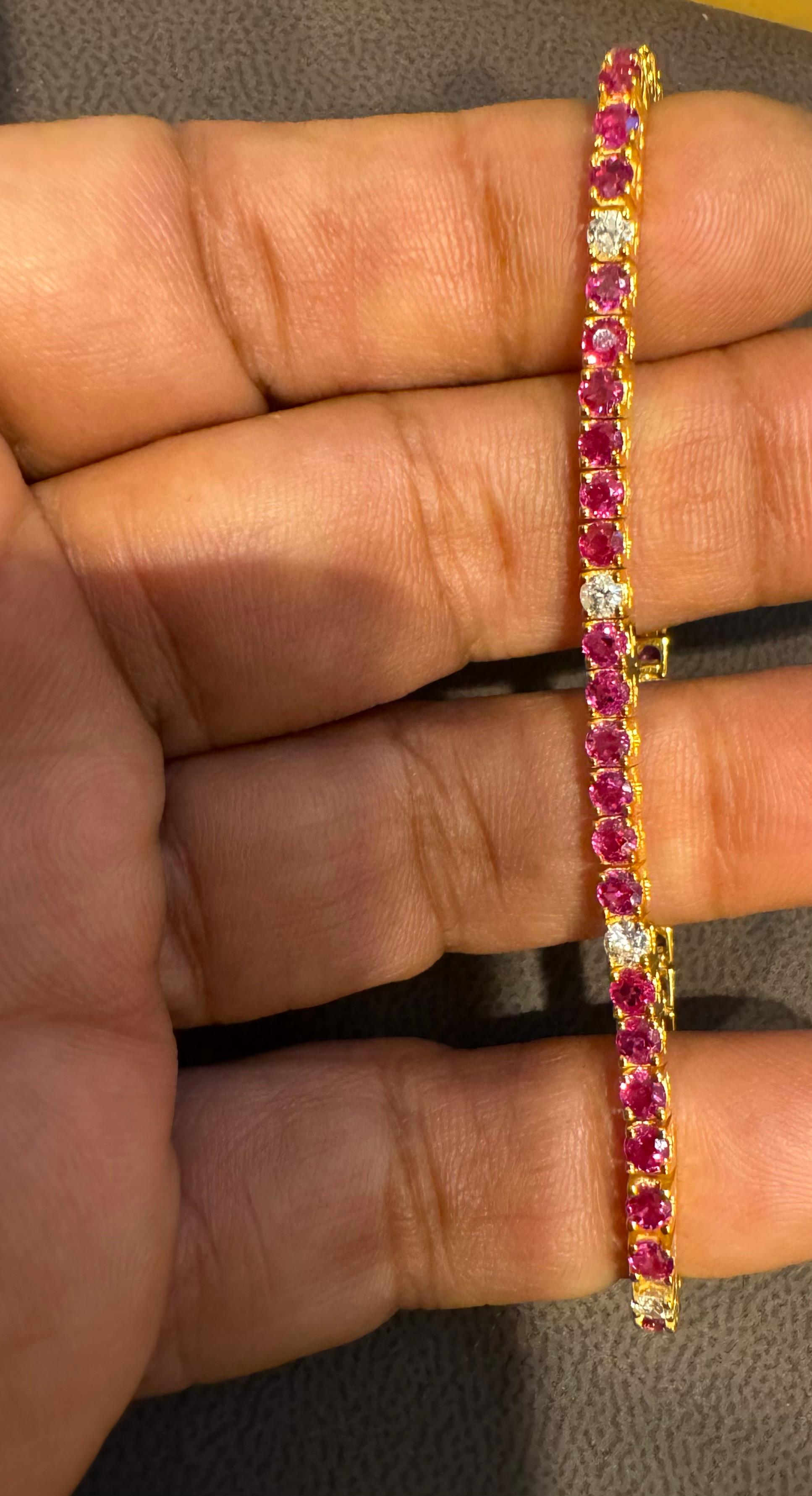 Brazalete de tenis de oro amarillo de 14 quilates con rubí redondo natural y diamantes 6,75 pulgadas en venta 7