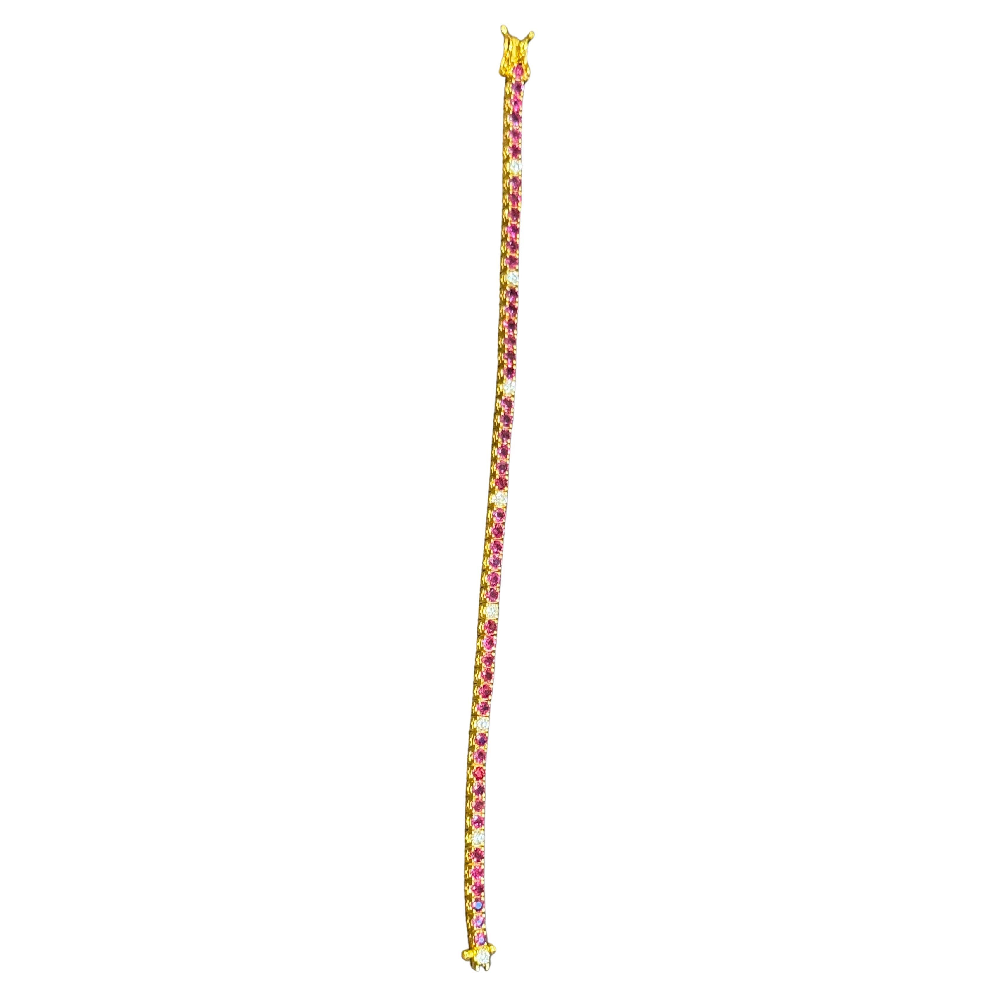 Bracelet tennis en or jaune 14 carats avec rubis naturel rond et diamants de 6,75 pouces