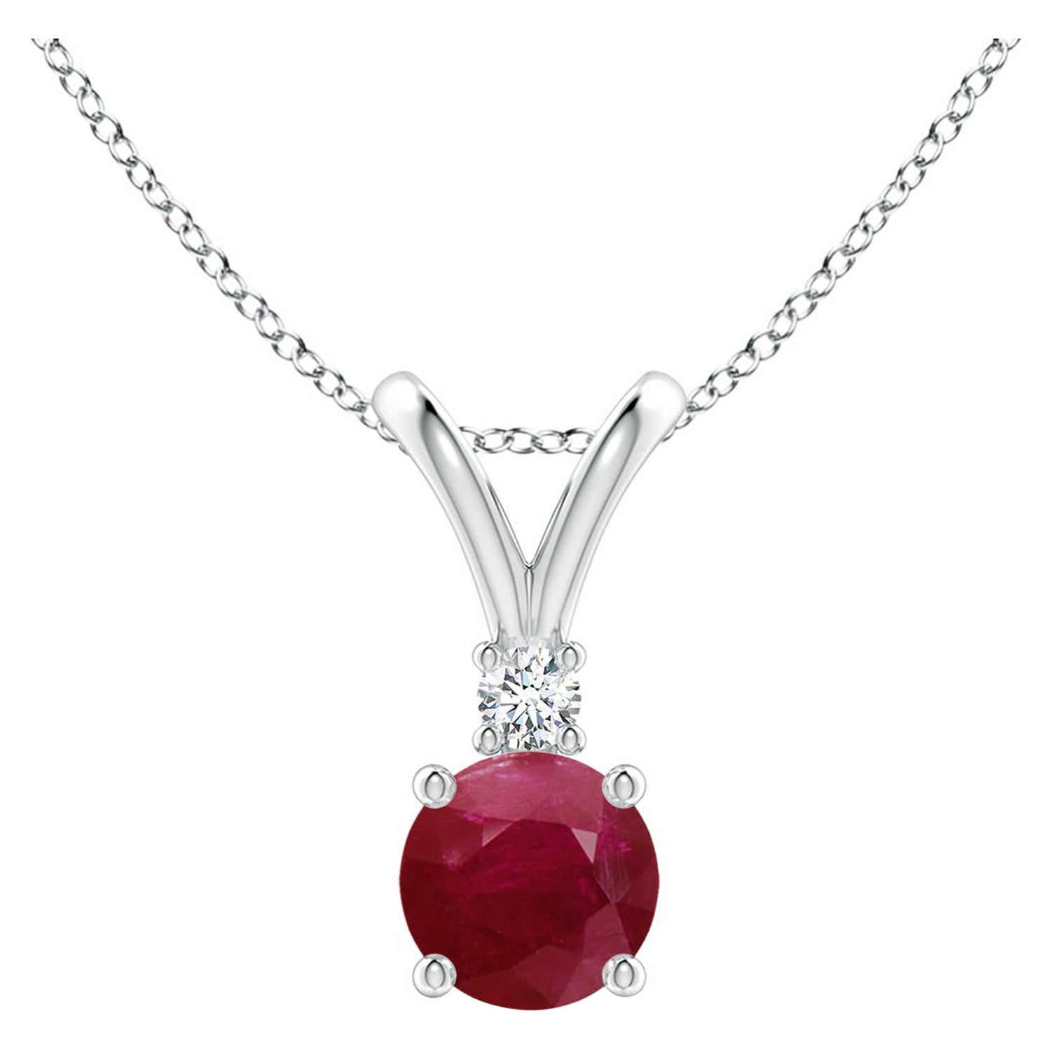Natural Round Ruby Solitaire V-Bale Pendant with Diamond in 14K White Gold For Sale