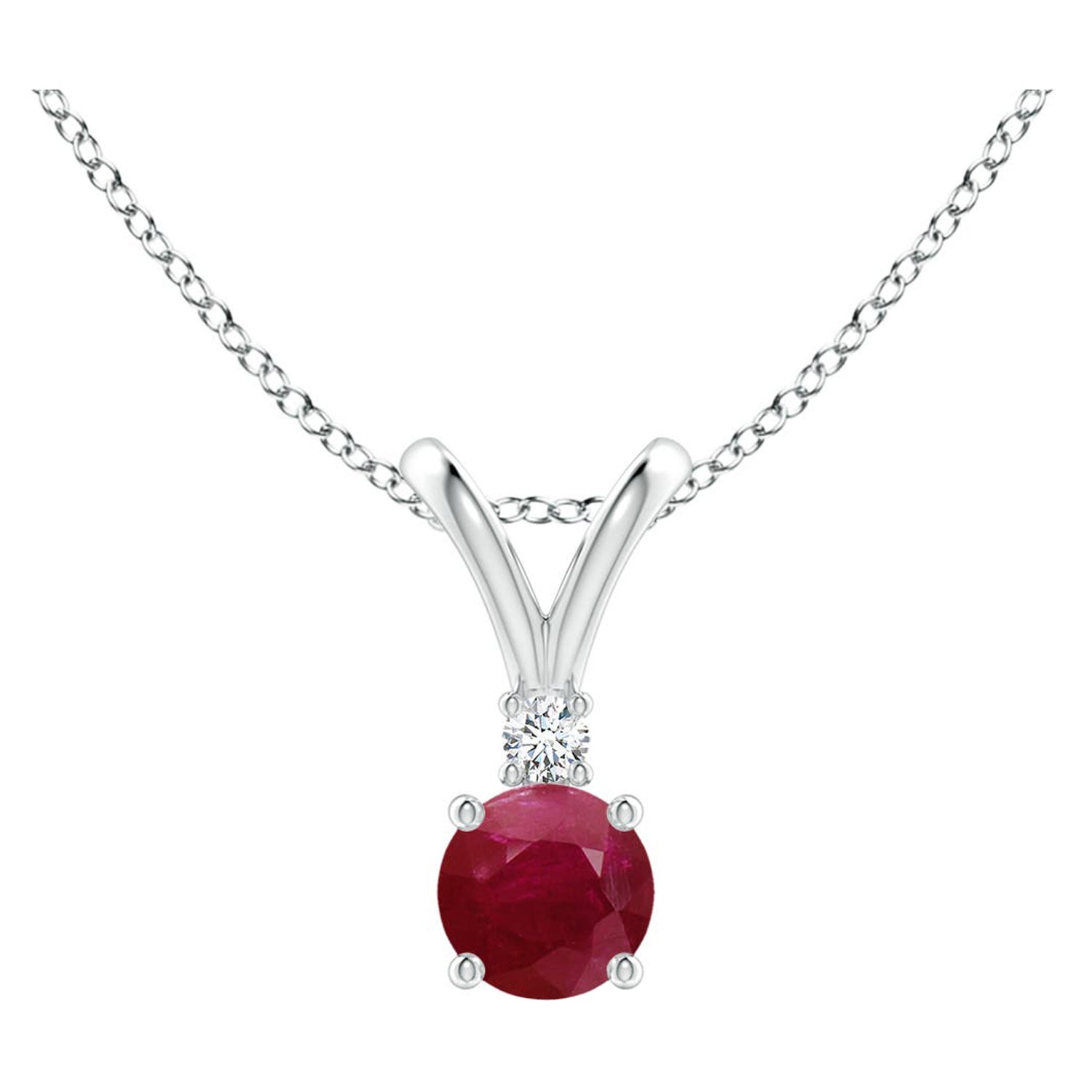 Natural Round Ruby Solitaire V-Bale Pendant with Diamond in Platinum
