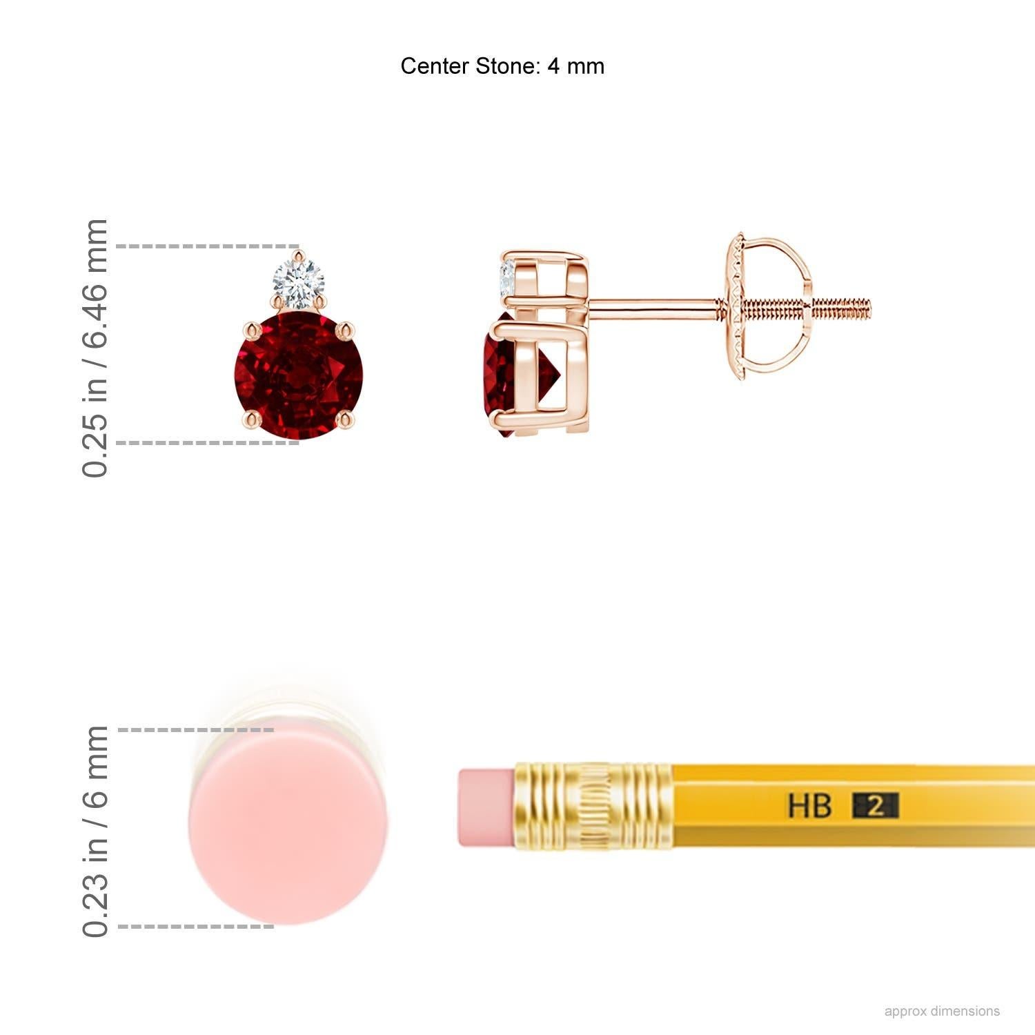 These stunning ruby solitaire stud earrings are accented with twinkling diamonds at the base. They are crafted in 14K rose gold exhibiting a fine combination of the rich red hue and the star-like brilliance of the diamonds.
Ruby is the Birthstone