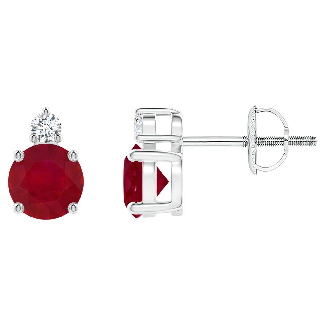 ANGARA Natural Round 1.20ct Ruby Stud Earrings with Diamond in Platinum For Sale