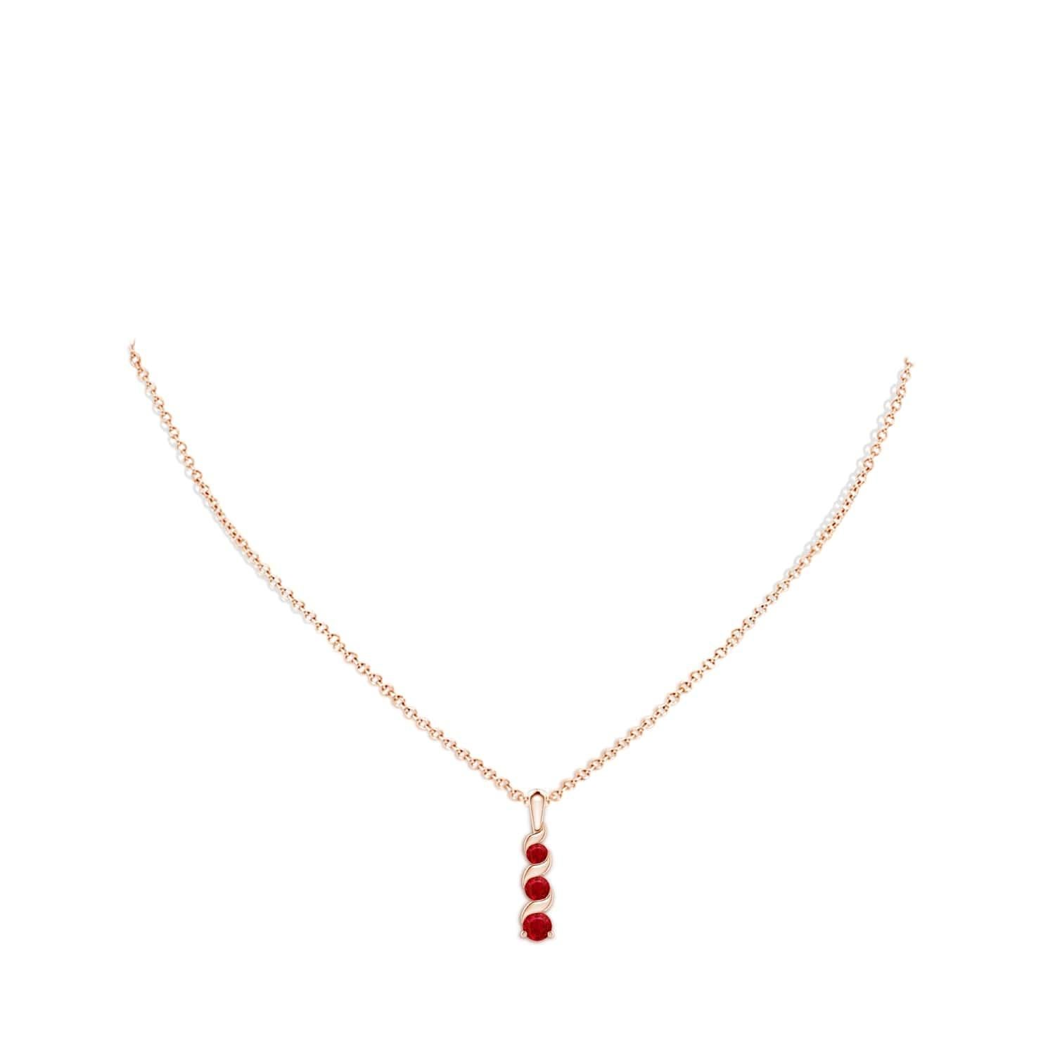 Round Cut ANGARA Natural Round 0.34ct Ruby Three Stone Journey Pendant in 14K Rose Gold For Sale