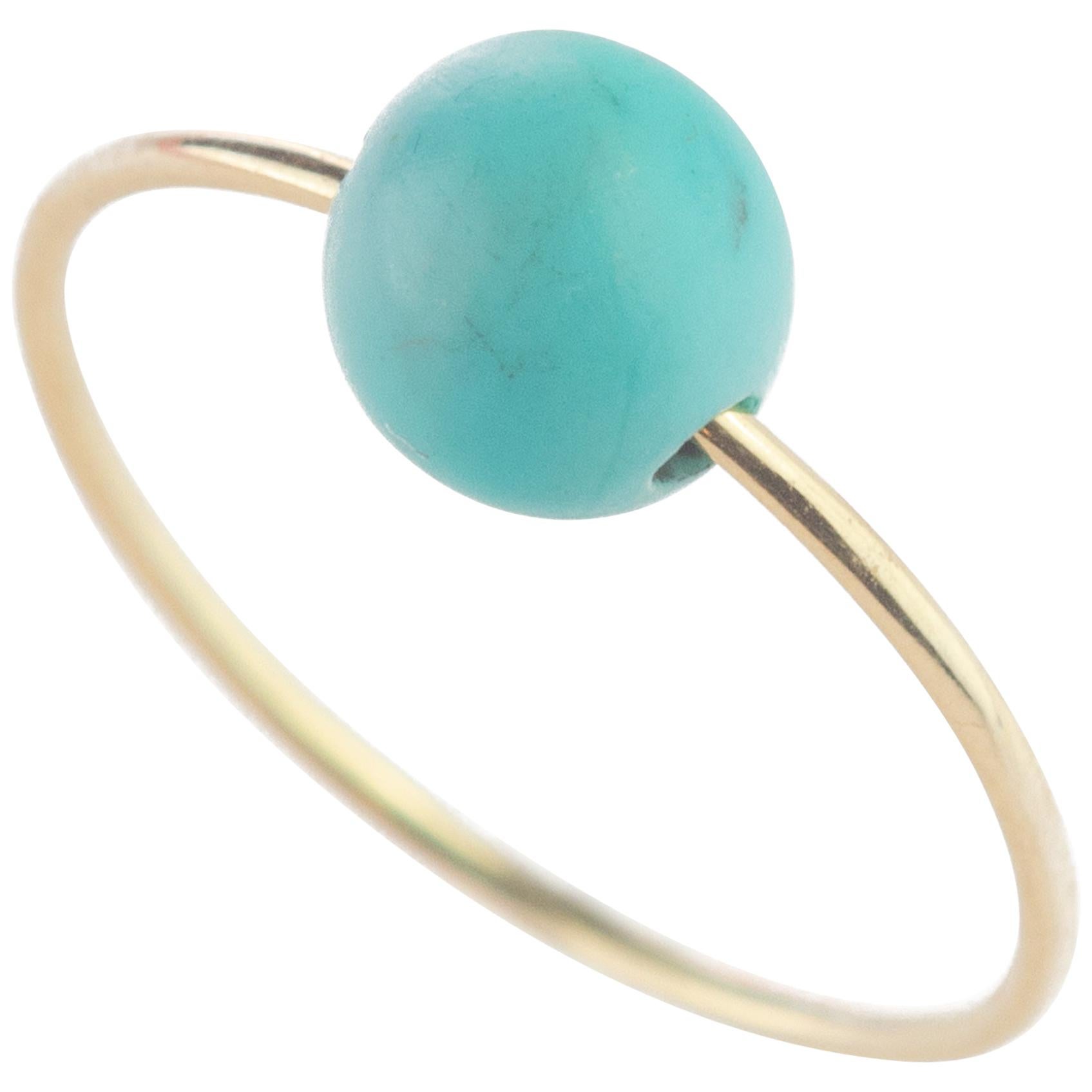 Natural Round Turquoise Solitaire 18 Karat Gold Planet Neptune Boho Band Ring For Sale