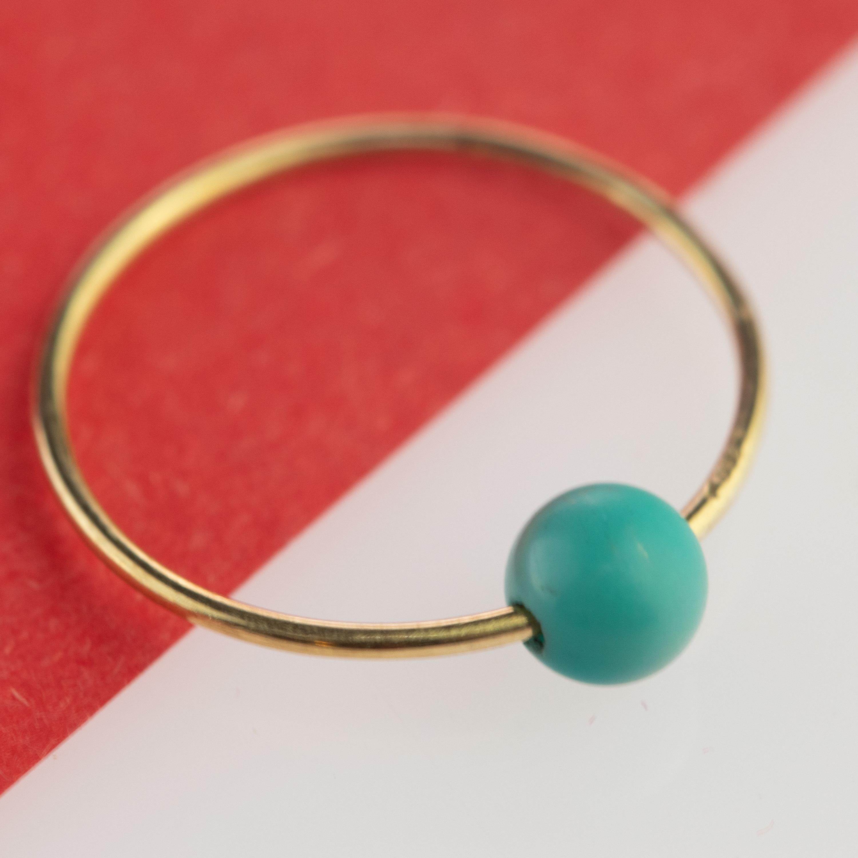 Round Cut Natural Round Turquoise Solitaire 9 Karat Gold Planet Neptune Boho Band Ring For Sale