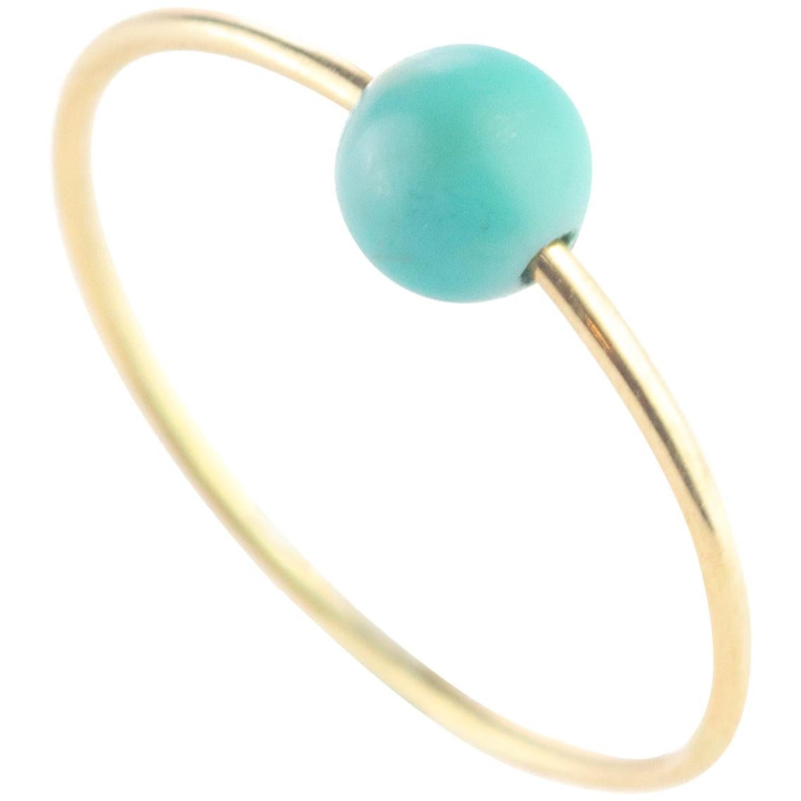Natural Round Turquoise Solitaire 9 Karat Gold Planet Neptune Boho Band Ring For Sale