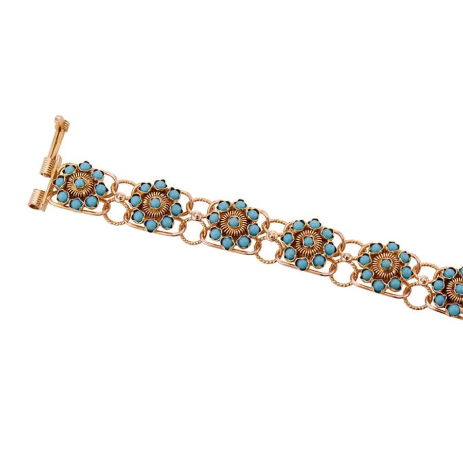Round Cut Natural Round Turquoise Yellow Gold Flower Link Bracelet For Sale
