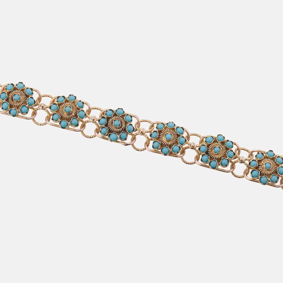 Women's Natural Round Turquoise Yellow Gold Flower Link Bracelet For Sale