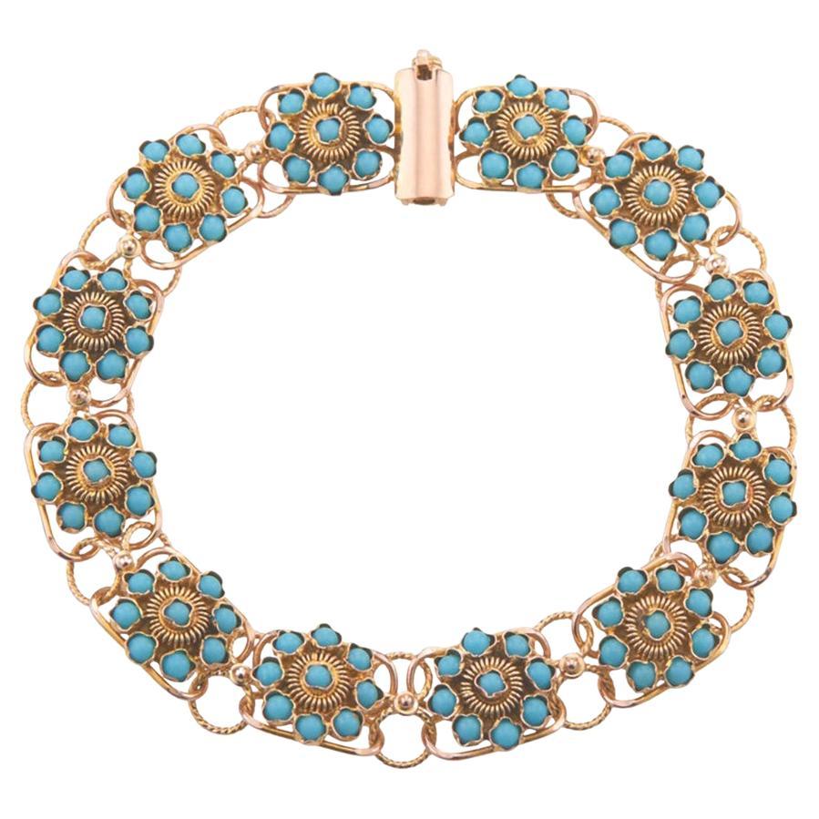Natural Round Turquoise Yellow Gold Flower Link Bracelet For Sale