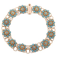 Antique Natural Round Turquoise Yellow Gold Flower Link Bracelet