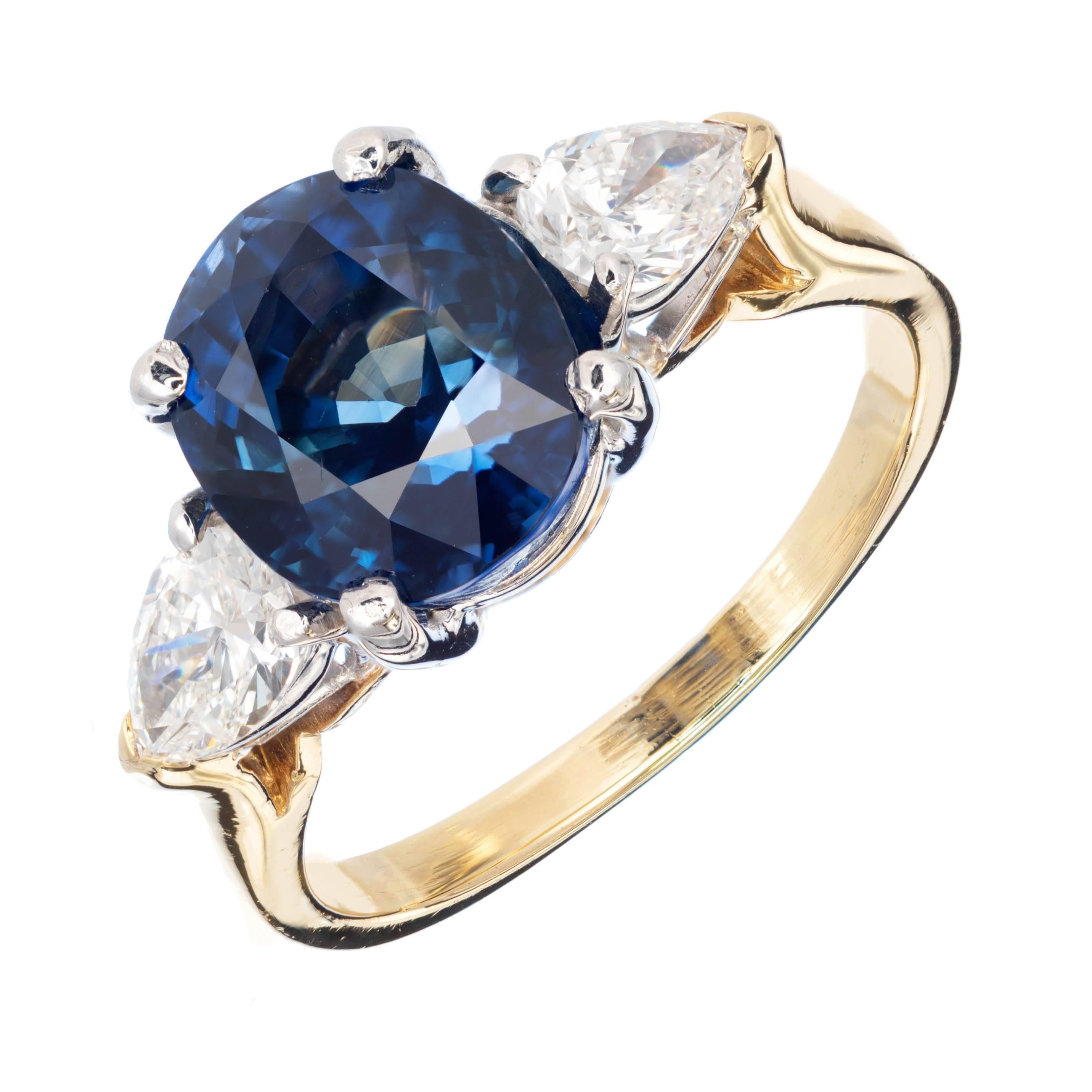 4.53 Carat Natural Sapphire Pear Shaped Diamond Gold Platinum Engagement Ring For Sale