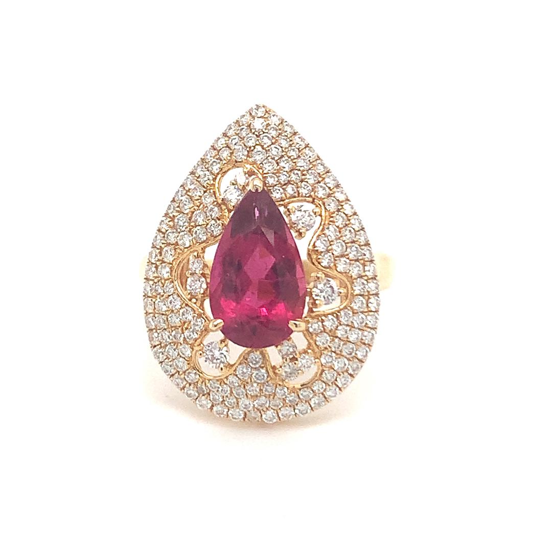 Pear Cut Natural Rubelite and Diamond ring in gold For Sale