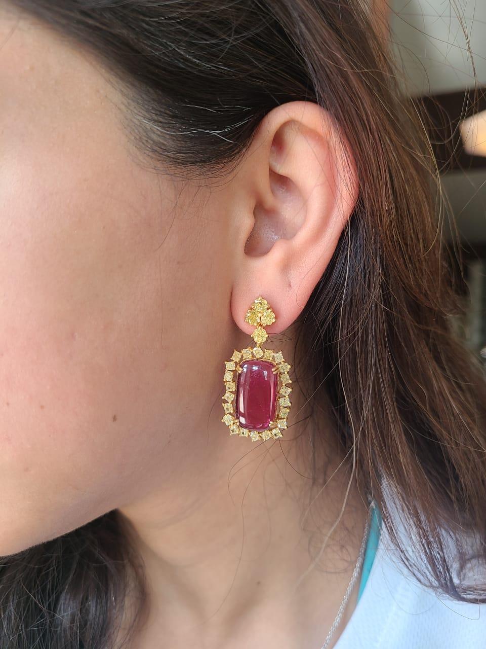 Art Deco Natural Rubellite Cabochons & Yellow Diamonds Dangle Earrings Set in 18K Gold For Sale