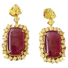 Natural Rubellite Cabochons & Yellow Diamonds Dangle Earrings Set in 18K Gold