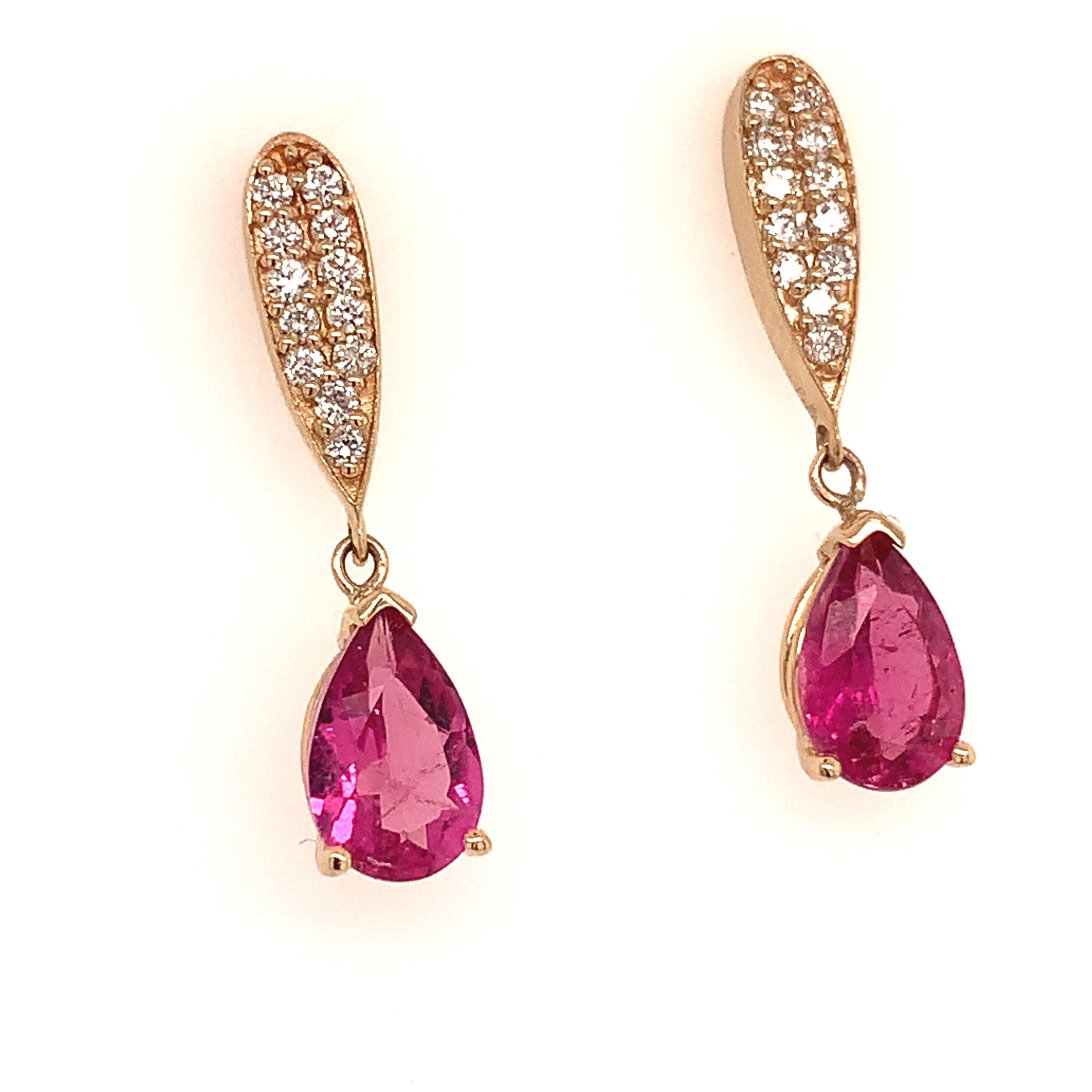 Boucles d'oreilles en or 14 carats avec tourmaline naturelle, rubellite et diamant certifié TCW 1,60 carat en vente 3