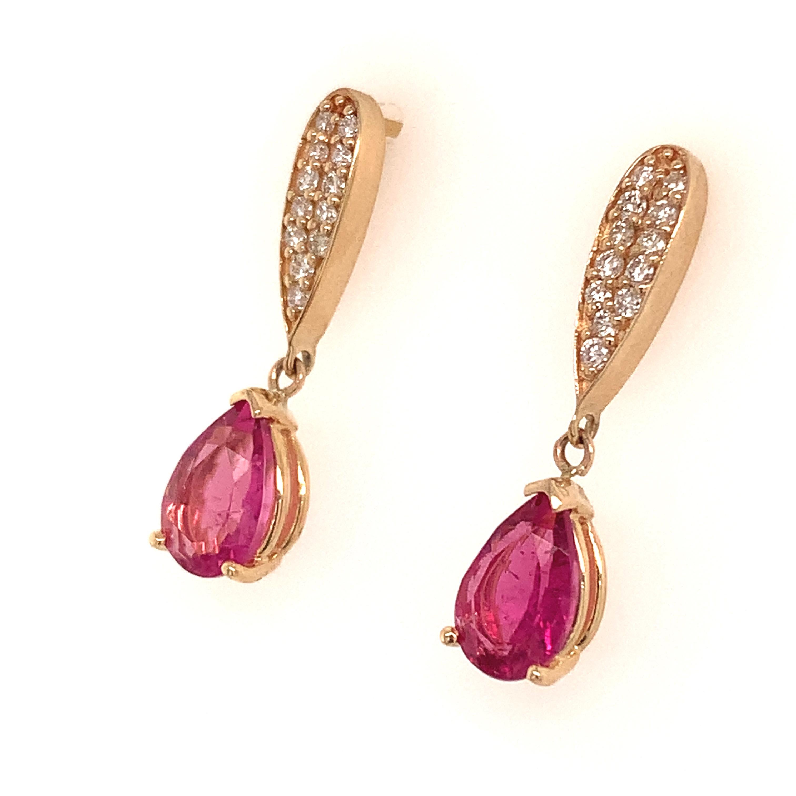 Natural Tourmaline Rubellite Diamond Earrings 14k Gold 1.60 TCW Certified In New Condition For Sale In Brooklyn, NY