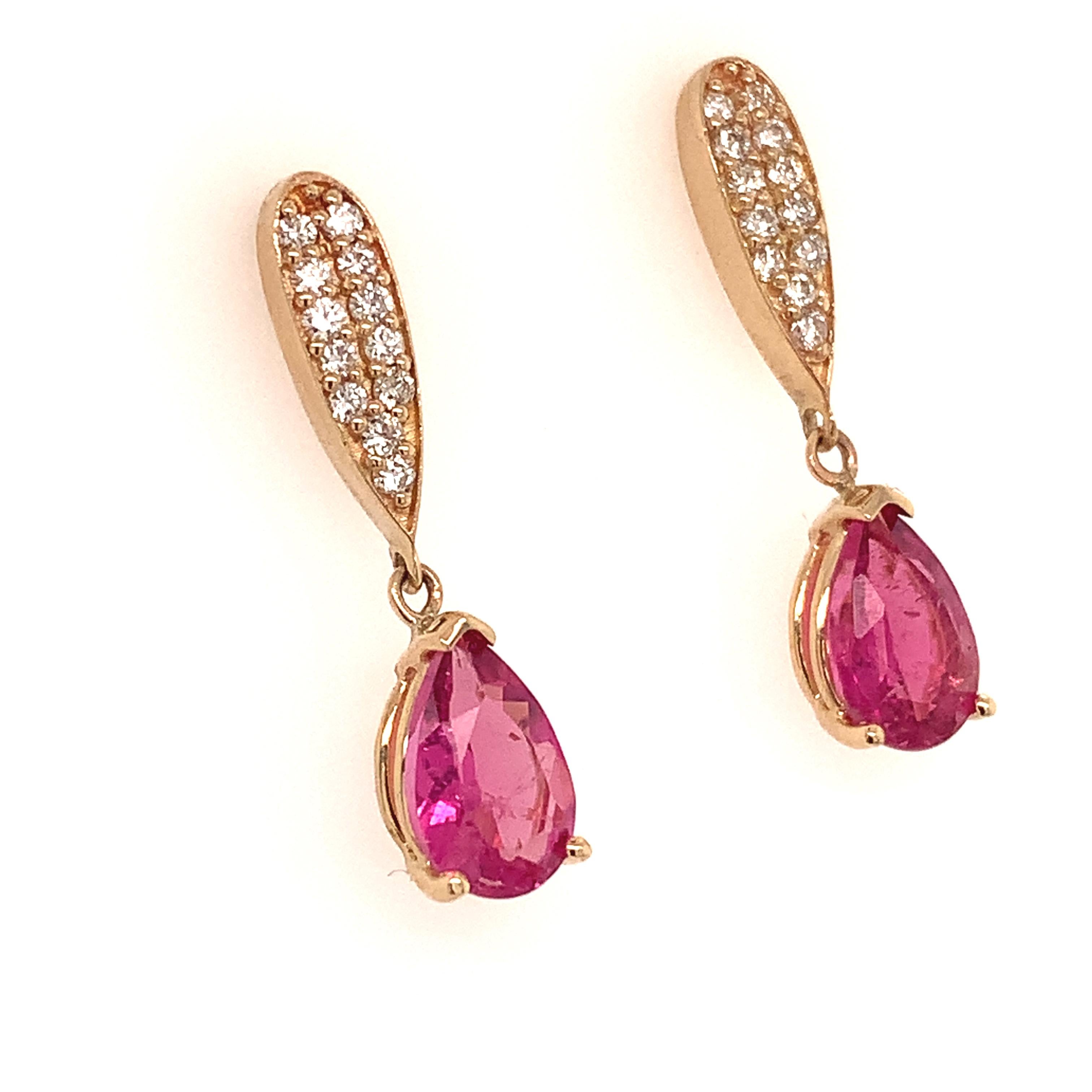 Women's Natural Tourmaline Rubellite Diamond Earrings 14k Gold 1.60 TCW Certified For Sale