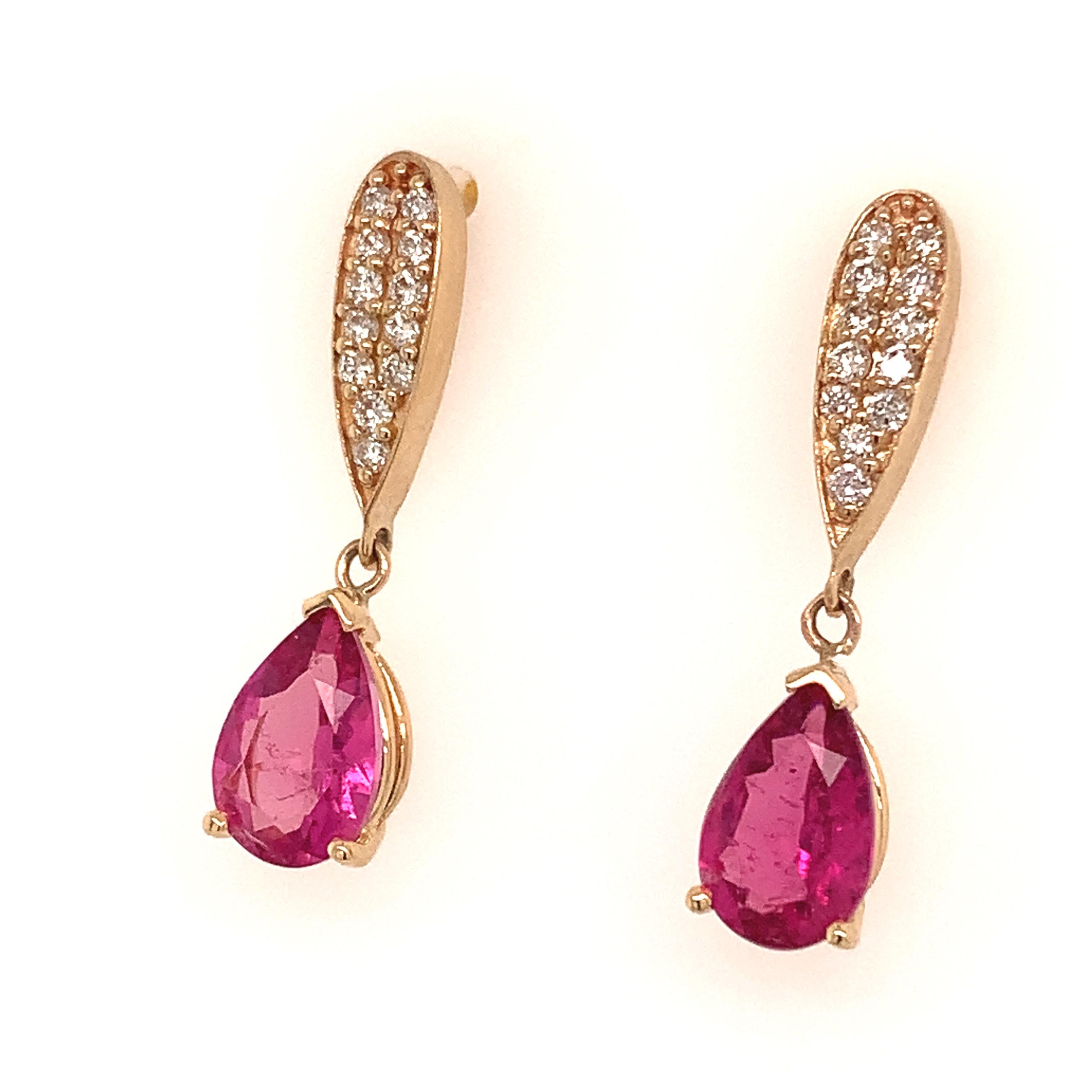 Natural Tourmaline Rubellite Diamond Earrings 14k Gold 1.60 TCW Certified For Sale 2