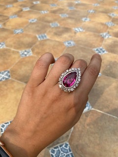 Natural Rubellite Pear Cut Ring in 18 Karat White Gold with Heart Shape Diamonds