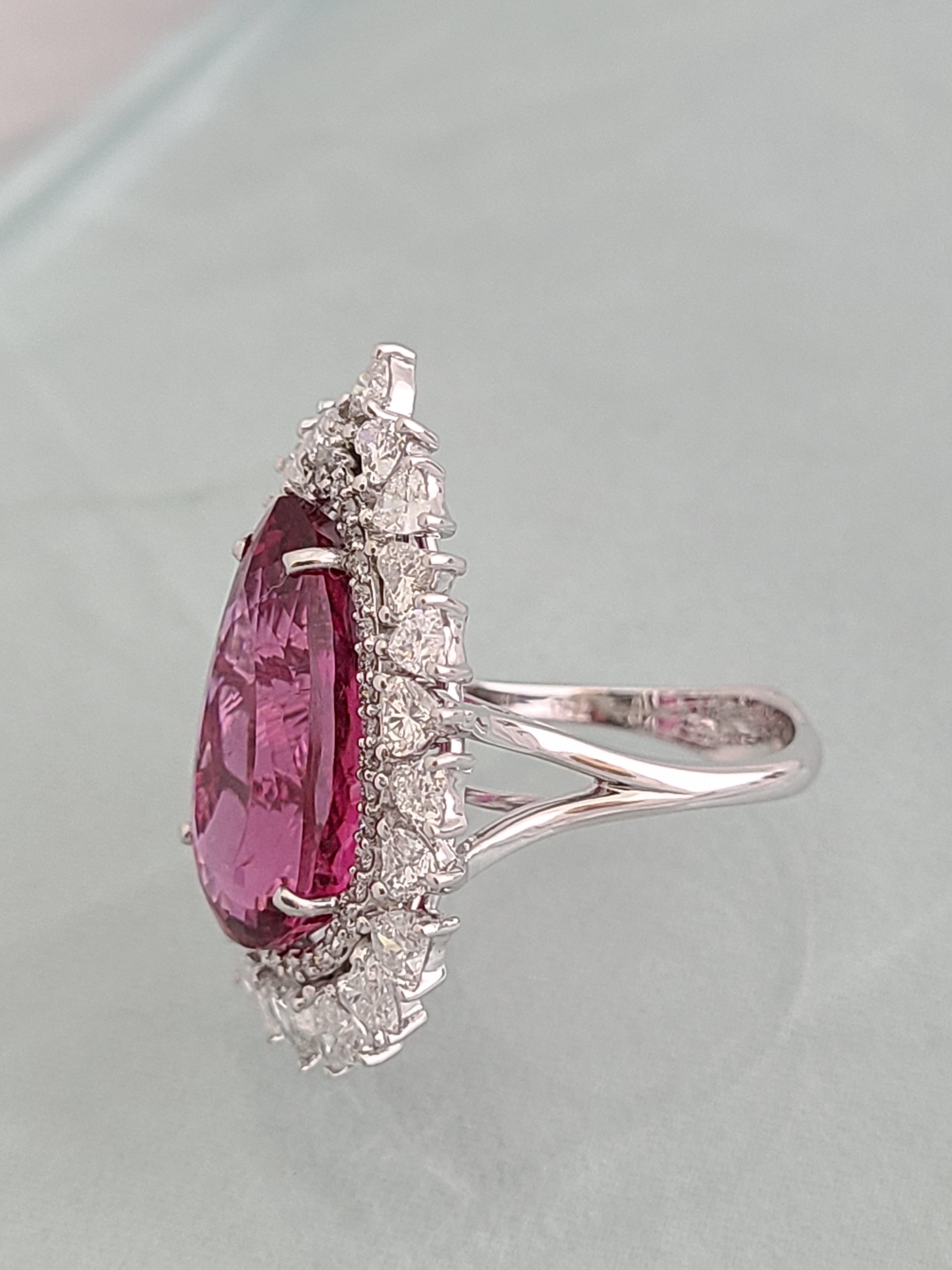 Modern Natural Rubellite Pear Cut Ring in 18 Karat White Gold with Heart Shape Diamonds
