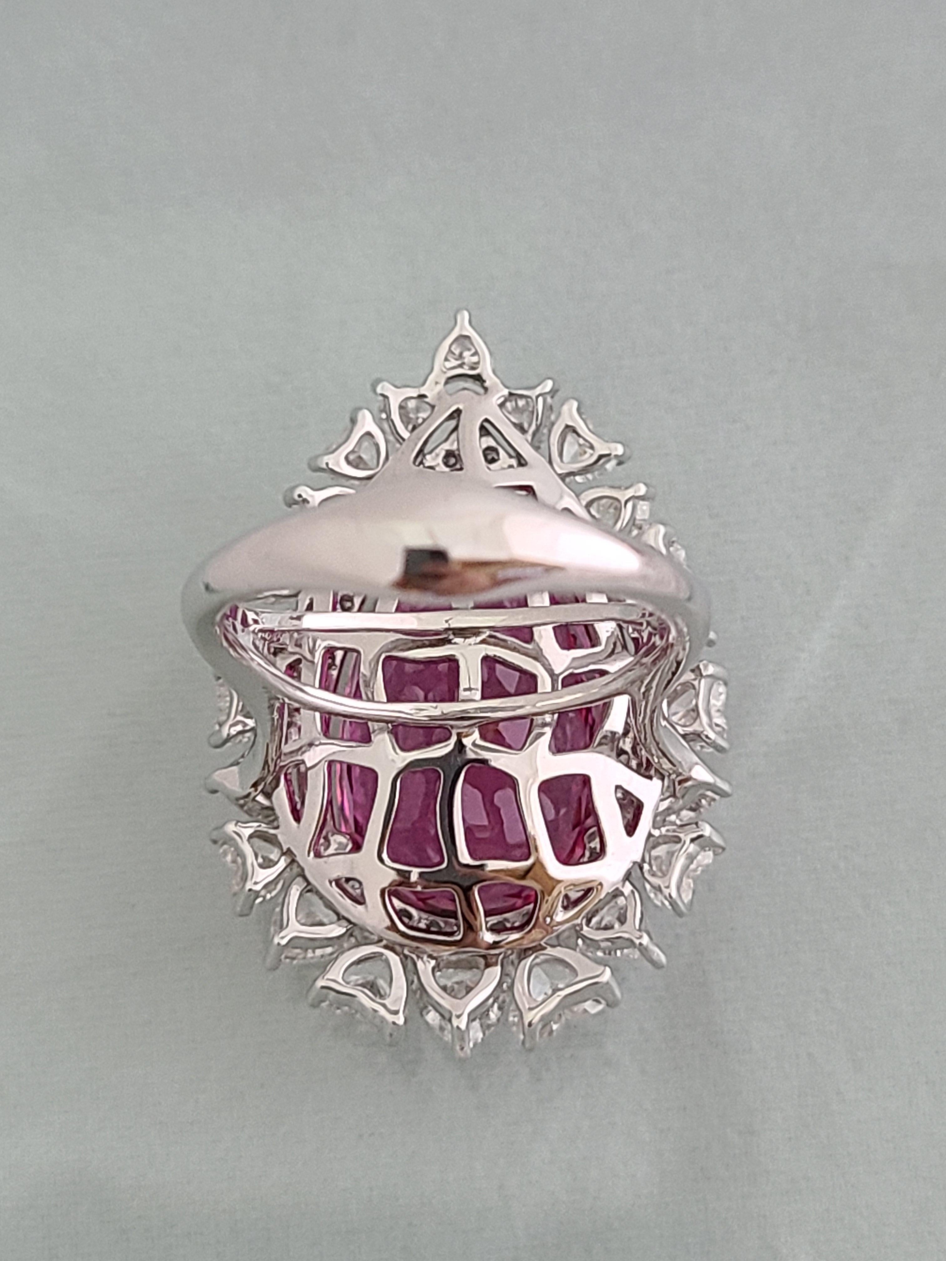 Women's or Men's Natural Rubellite Pear Cut Ring in 18 Karat White Gold with Heart Shape Diamonds