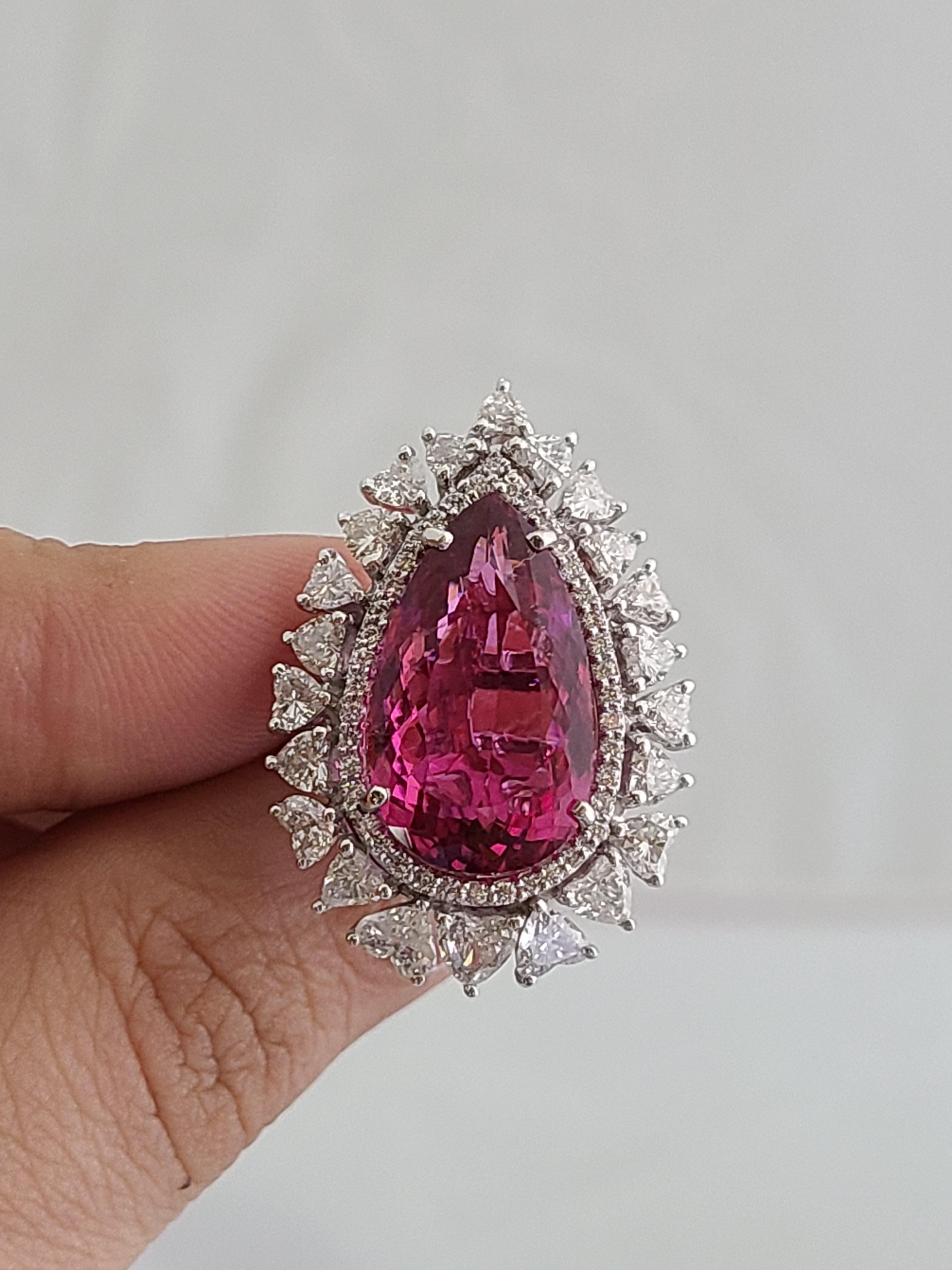 Natural Rubellite Pear Cut Ring in 18 Karat White Gold with Heart Shape Diamonds 2