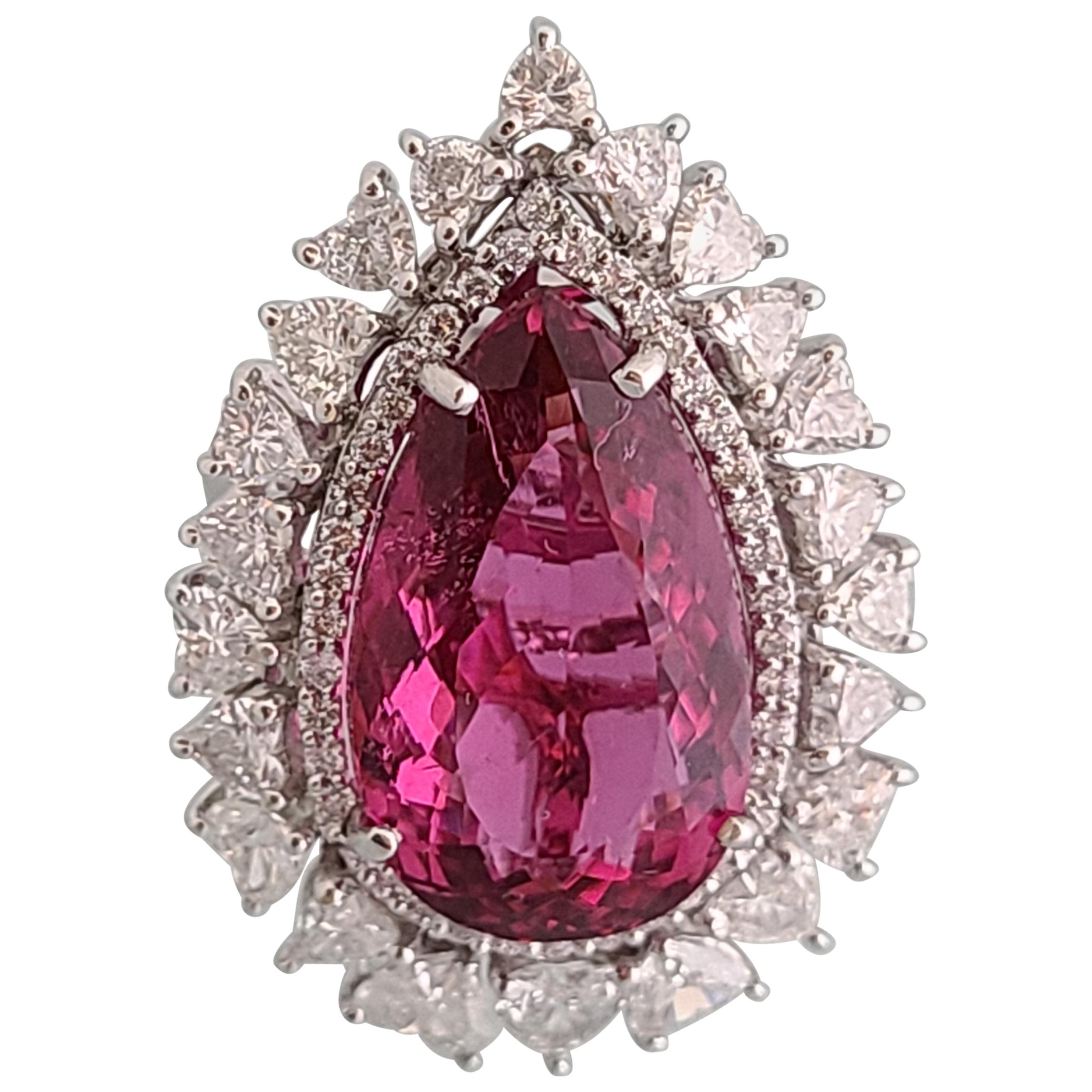 Natural Rubellite Pear Cut Ring in 18 Karat White Gold with Heart Shape Diamonds