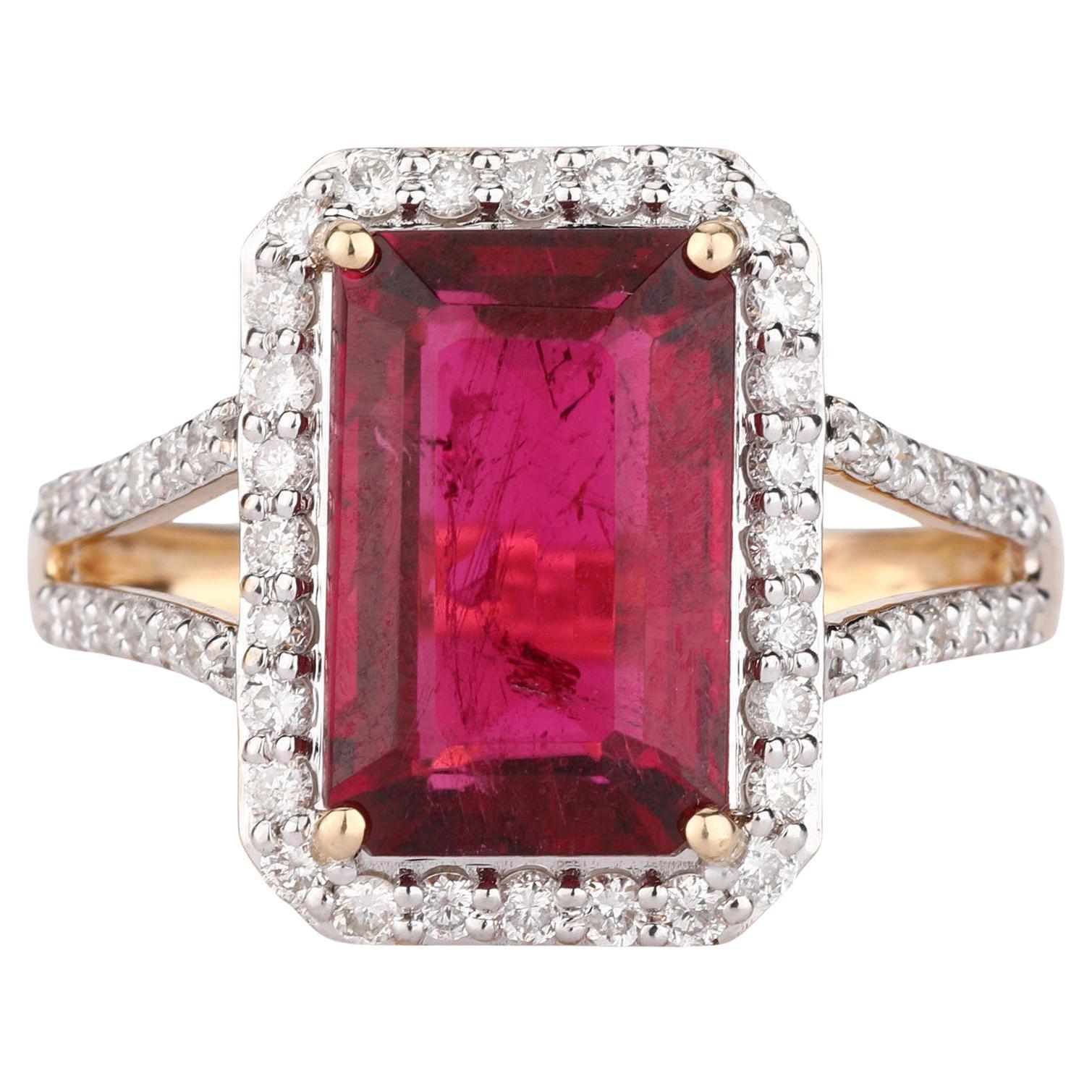 Natürlicher Rubellit Ring mit Diamanten 5,32 Karat 9K Gelbgold