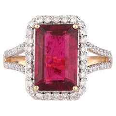 Natural Rubellite Ring With Diamonds 5.32 Carats 9K Yellow Gold