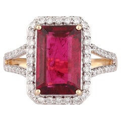 Natural Rubellite Ring With Diamonds 5.32 Carats 9K Yellow Gold