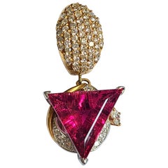 Natural Rubellite Trillion Cut Pendant Set in 18 Karat and Platinum with Diamond