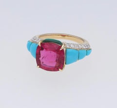 Natural 4.52Cts Rubellite Turquoise Malachite & 0.67Cts Diamond Ring in 18k Gold