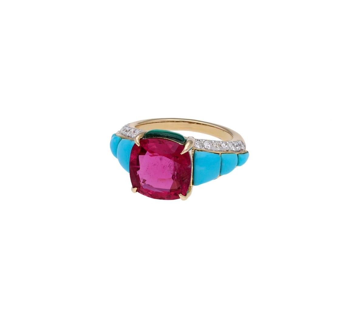Natürlicher Rubellit-Türkis-Malachit-Diamant-Ring aus 18 Karat Gold im Zustand „Neu“ im Angebot in jaipur, IN