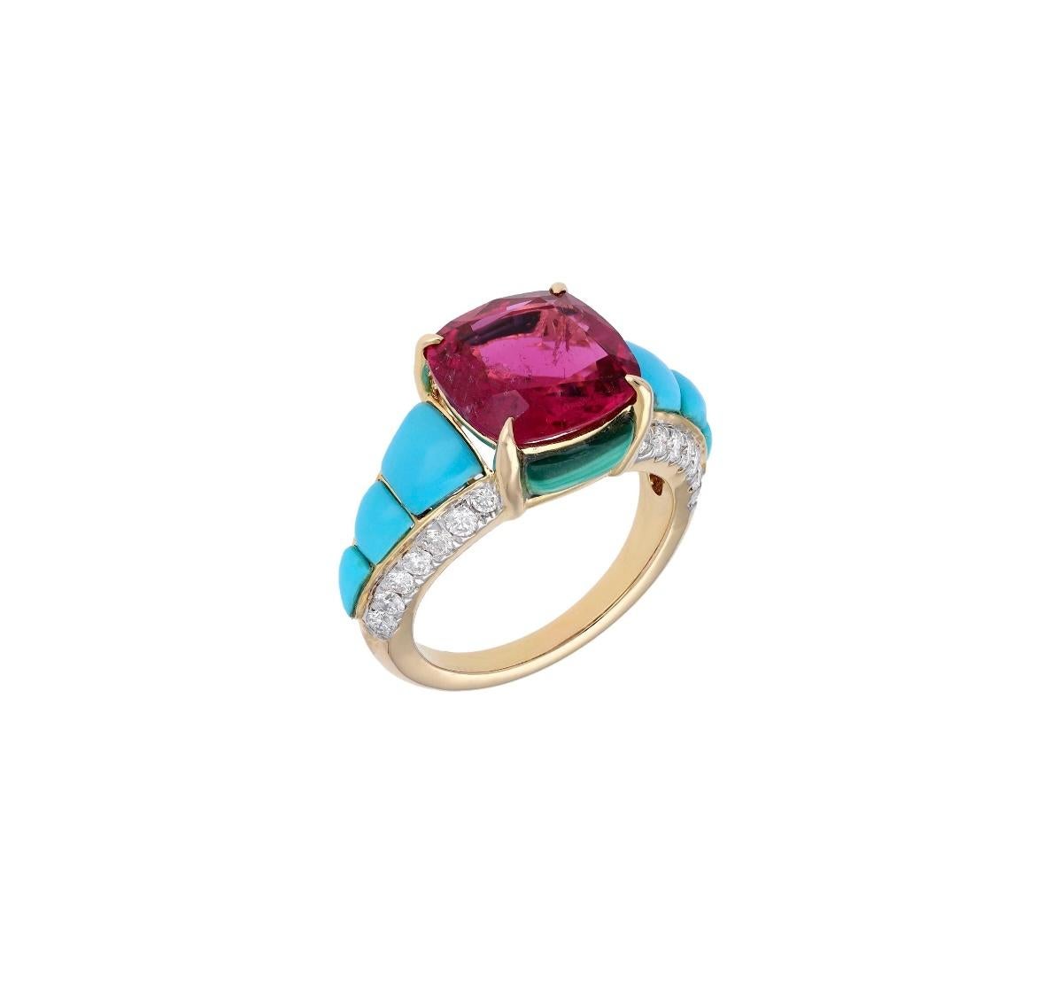 Natürlicher Rubellit-Türkis-Malachit-Diamant-Ring aus 18 Karat Gold Damen im Angebot