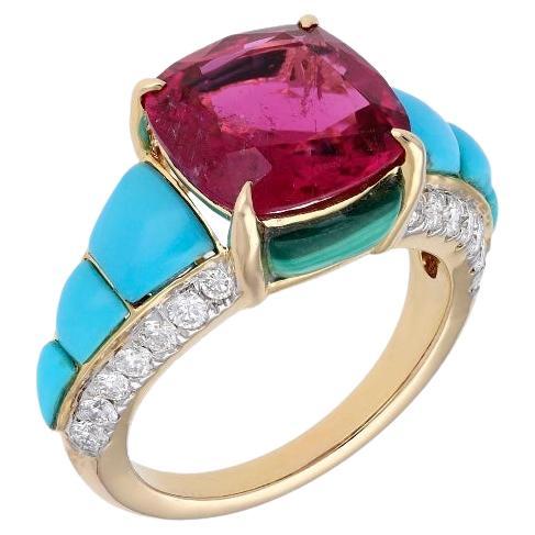 Natural rubellite turquoise malachite diamond ring in 18k gold