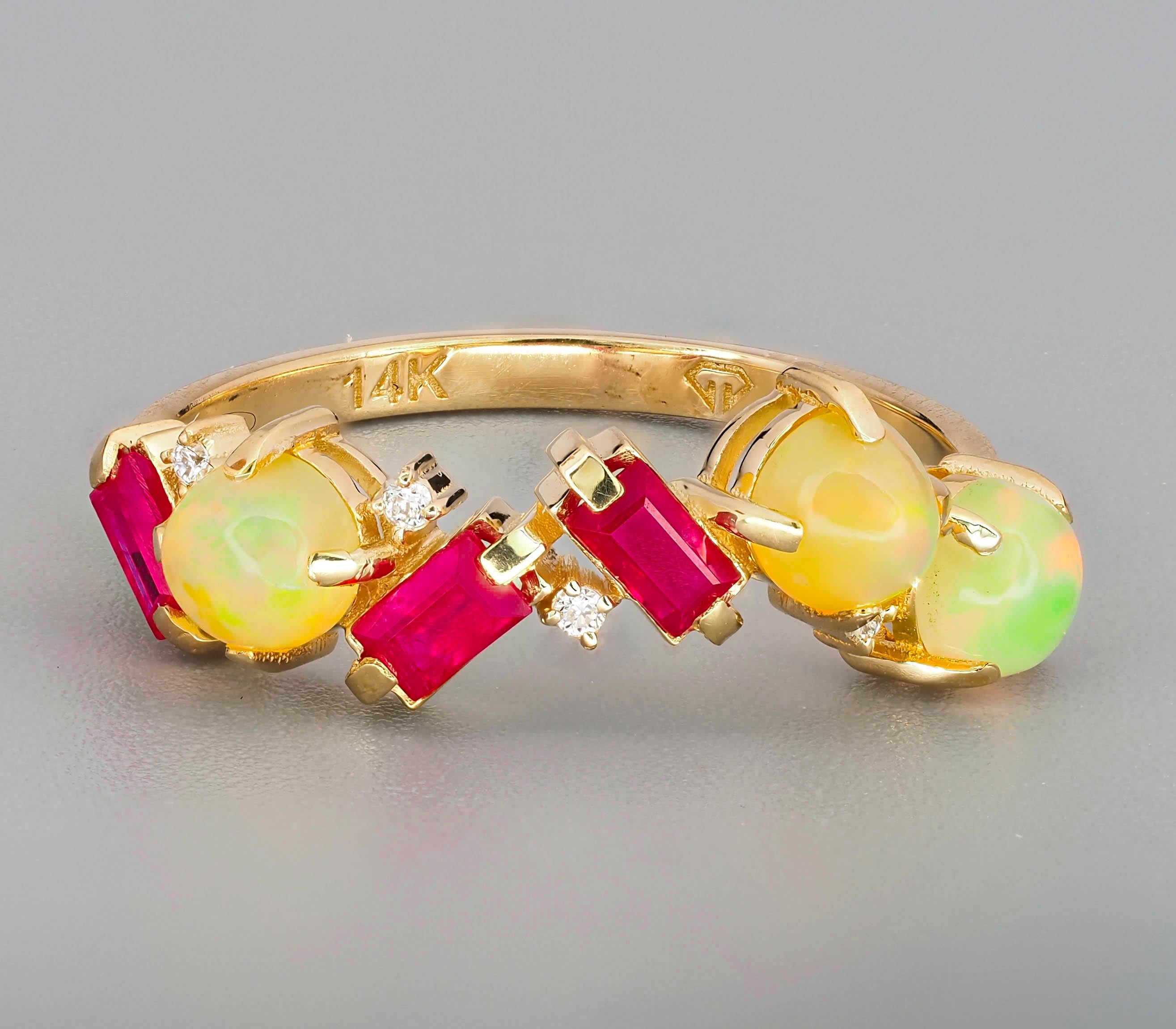 Modern Natural rubies, opals and diamonds ring. For Sale