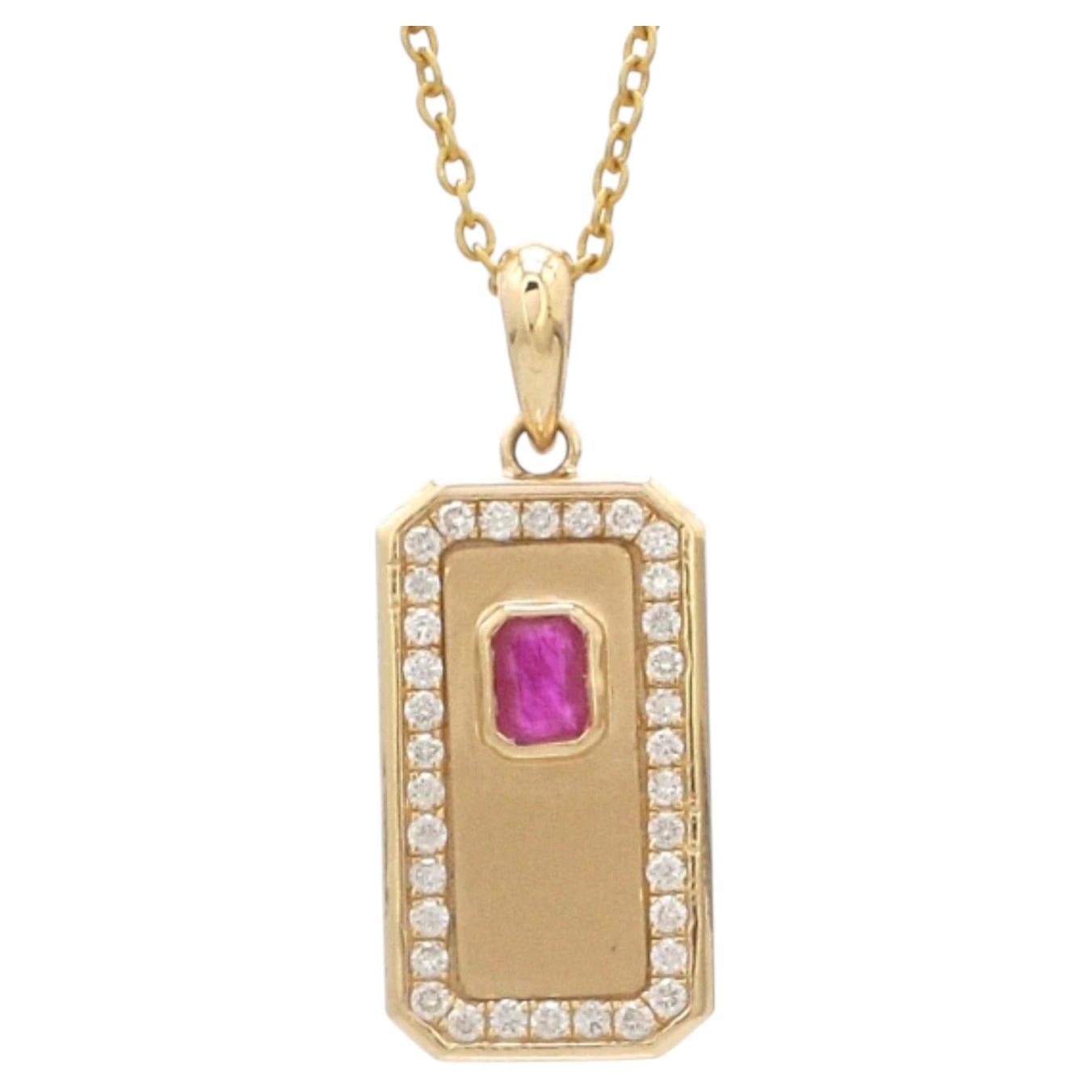 14K Yellow Gold Ruby and Diamond Necklace, 0.26ct Ruby, 0.22ct Diamond For Sale