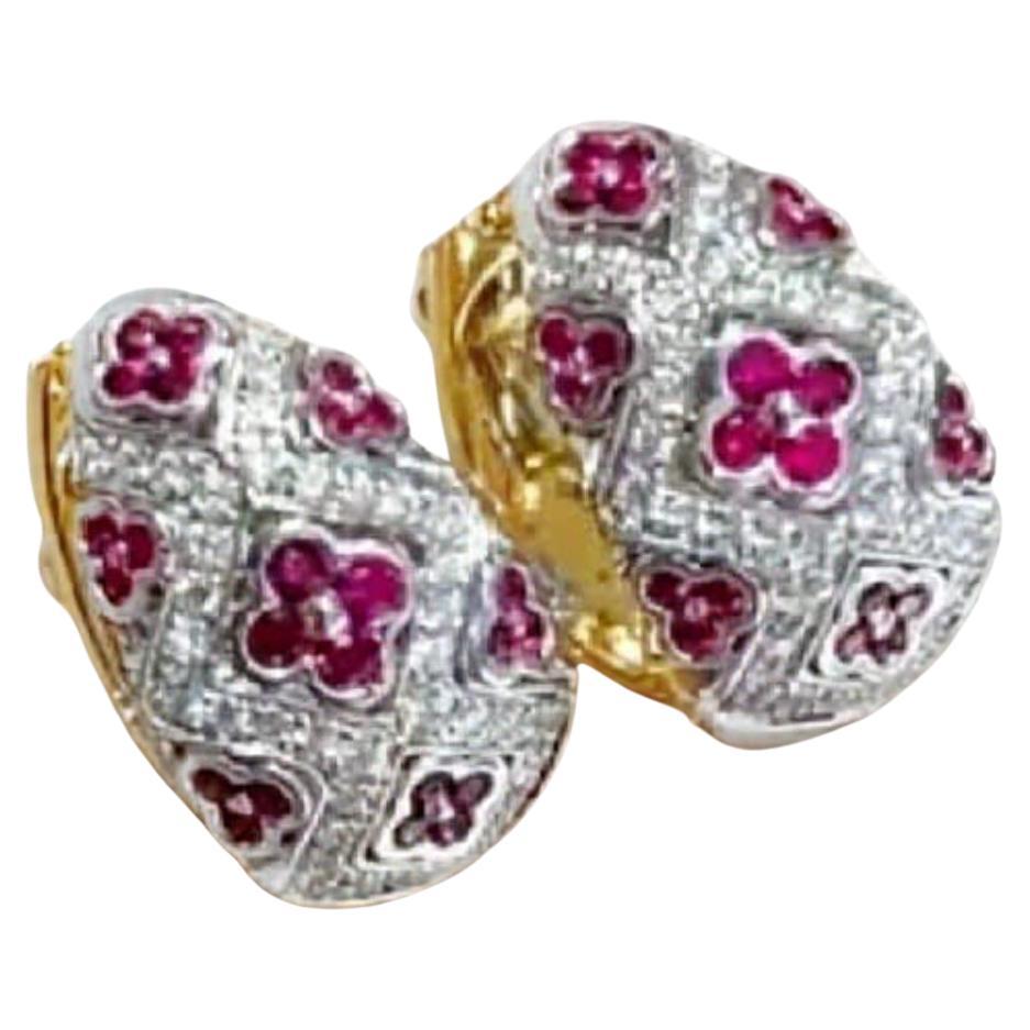 14K Gold Ruby 0.32ct & Diamond 0.38ct Stud Earrings For Sale