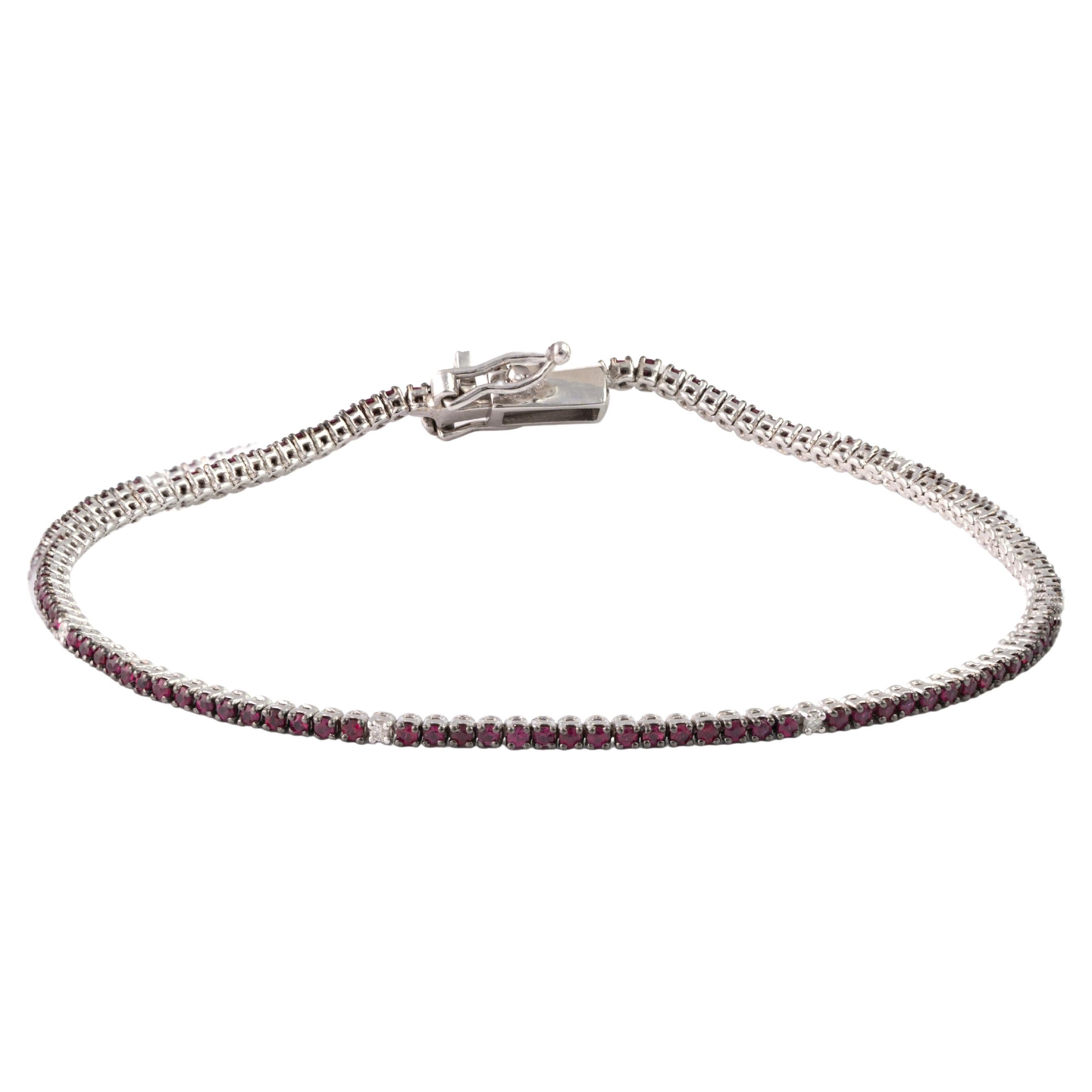 Natural Ruby 1 .08 Carats and 0.07 Carats Diamond Tennis Bracelet in 18k Gold